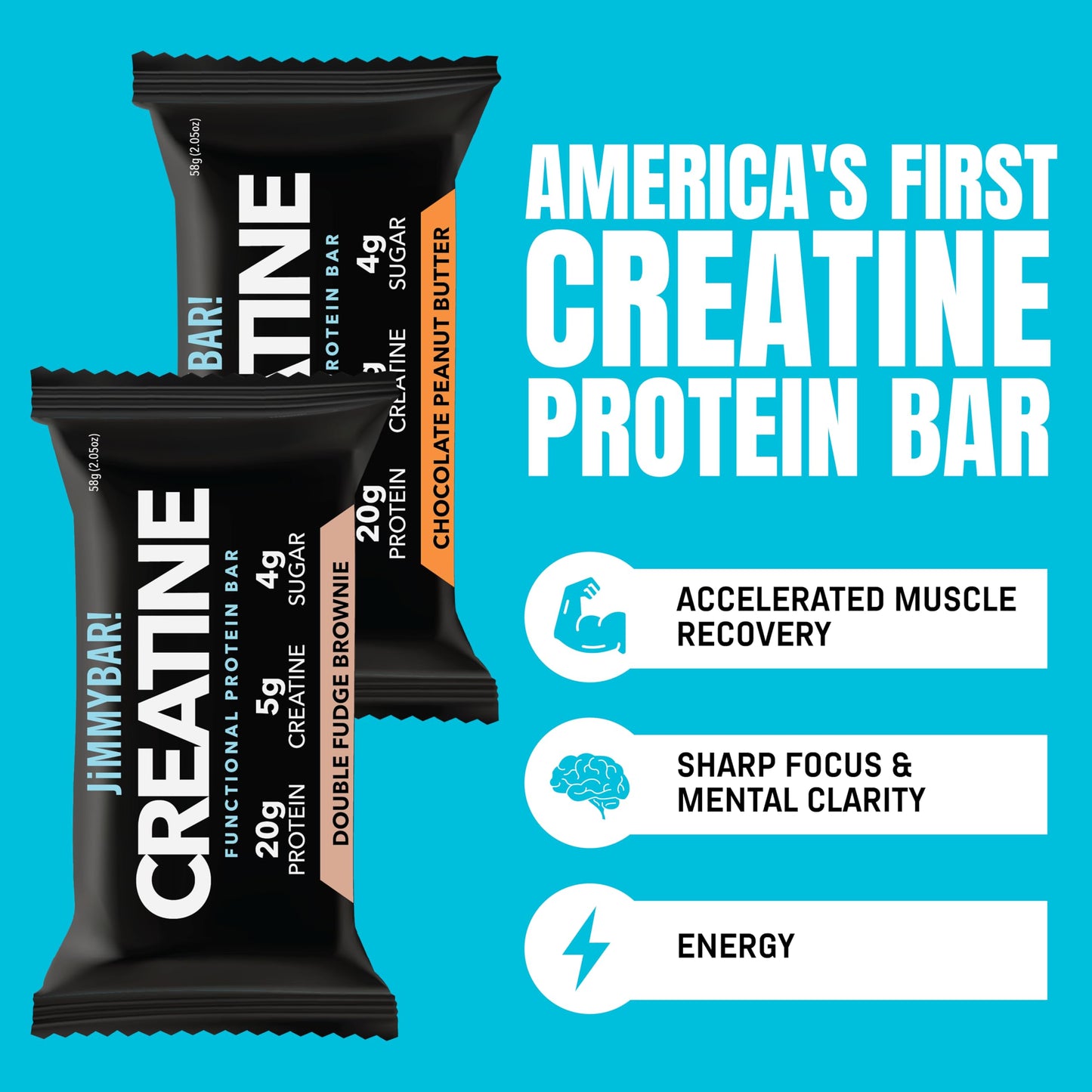 JiMMYBAR! Creatine Protein Bar Variety Pack, Chocolate Peanut Butter & Fudge Brownie, 20g Protein, 5g Creatine Per Bar, Ready-to-Eat Snack Food Bar