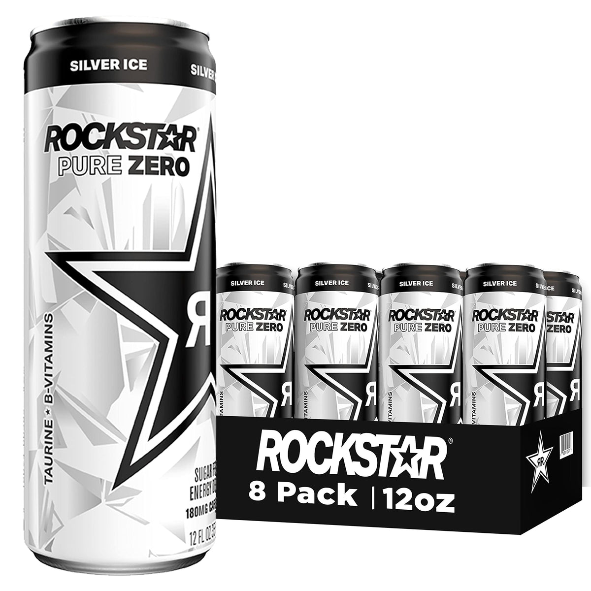Rockstar Pure Zero Energy Drink, Silver Ice, Zero Sugar, 12 Fl Oz Cans (Pack of 8)