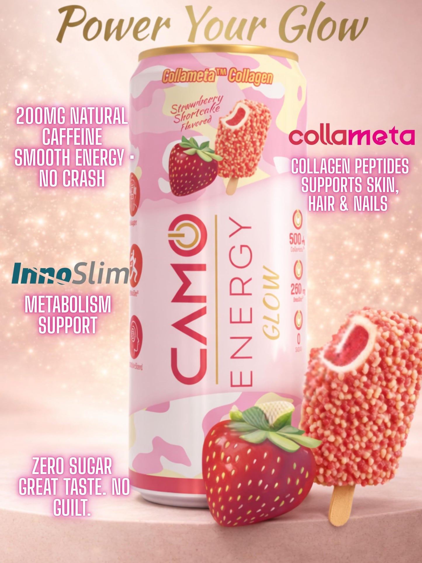 CAMO Energy Glow Strawberry Shortcake, 200mg Natural Caffeine, Collameta® Collagen Peptides, InnoSlim®, Zero Sugar, 12oz Cans, 12 Pack
