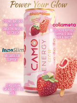 CAMO Energy Glow Strawberry Shortcake, 200mg Natural Caffeine, Collameta® Collagen Peptides, InnoSlim®, Zero Sugar, 12oz Cans, 12 Pack
