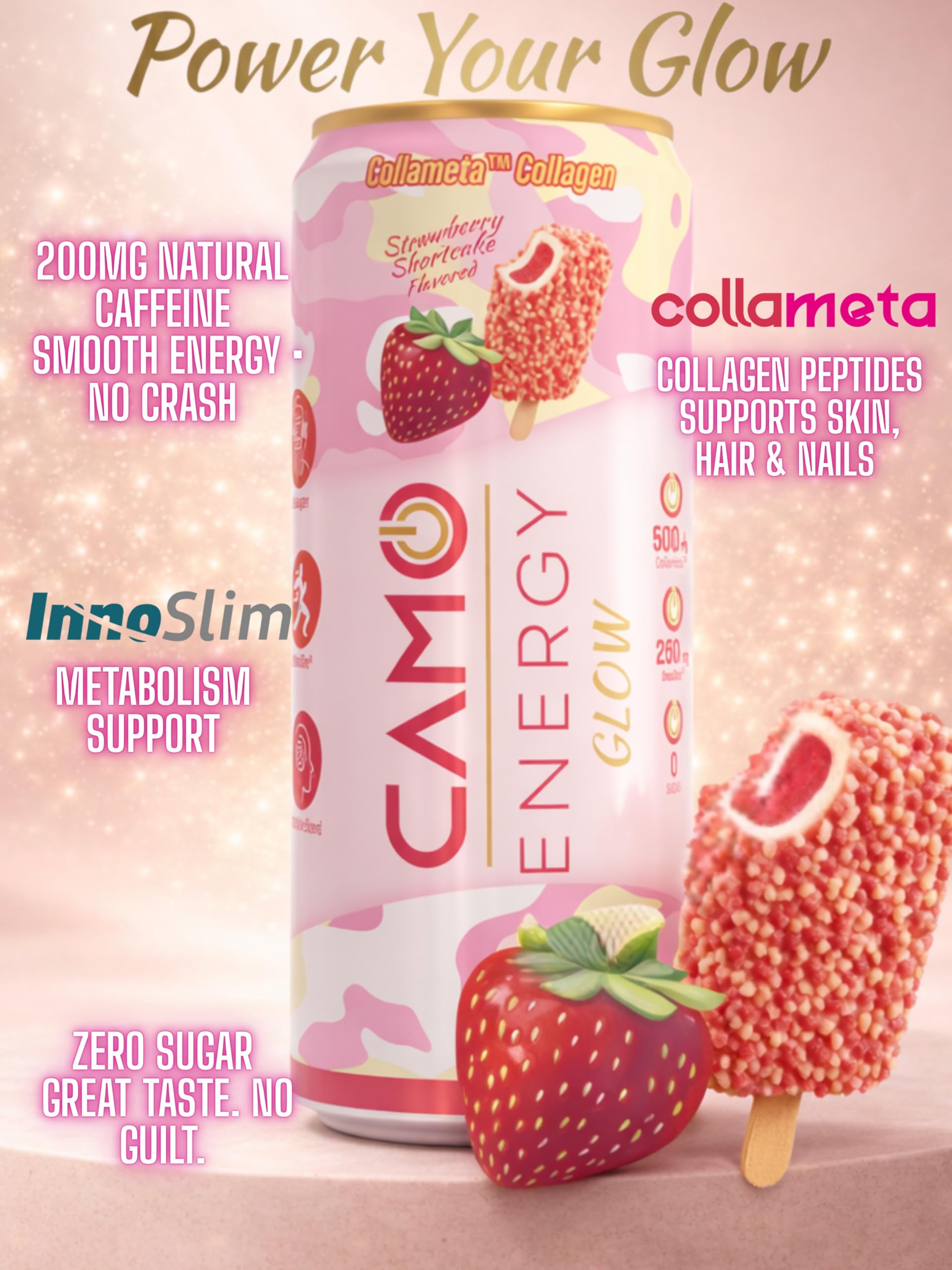 CAMO Energy Glow Strawberry Shortcake, 200mg Natural Caffeine, Collameta® Collagen Peptides, InnoSlim®, Zero Sugar, 12oz Cans, 12 Pack