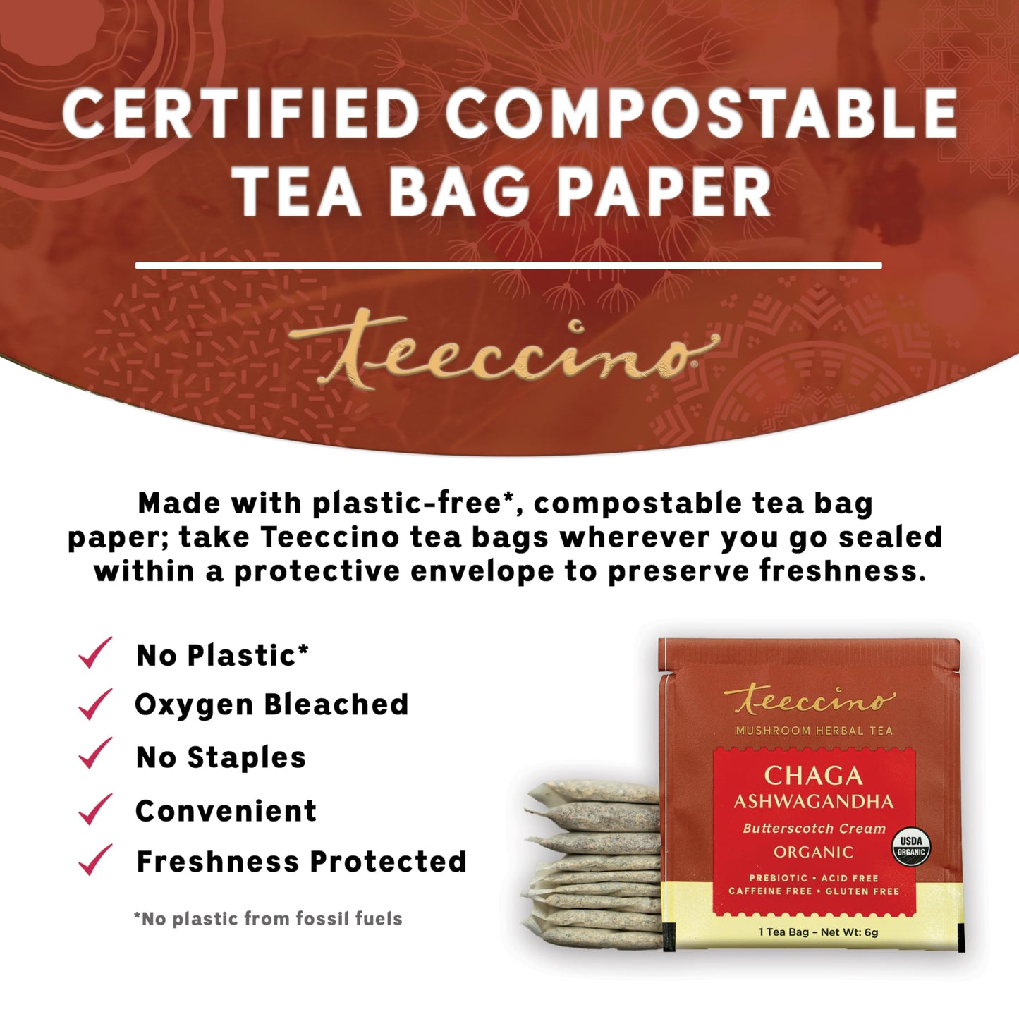 Teeccino Chaga Ashwagandha Tea - Butterscotch Cream - Organic Mushroom Adaptogenic Herbal Tea, 3x More Herbs than Regular Tea Bags, Prebiotic