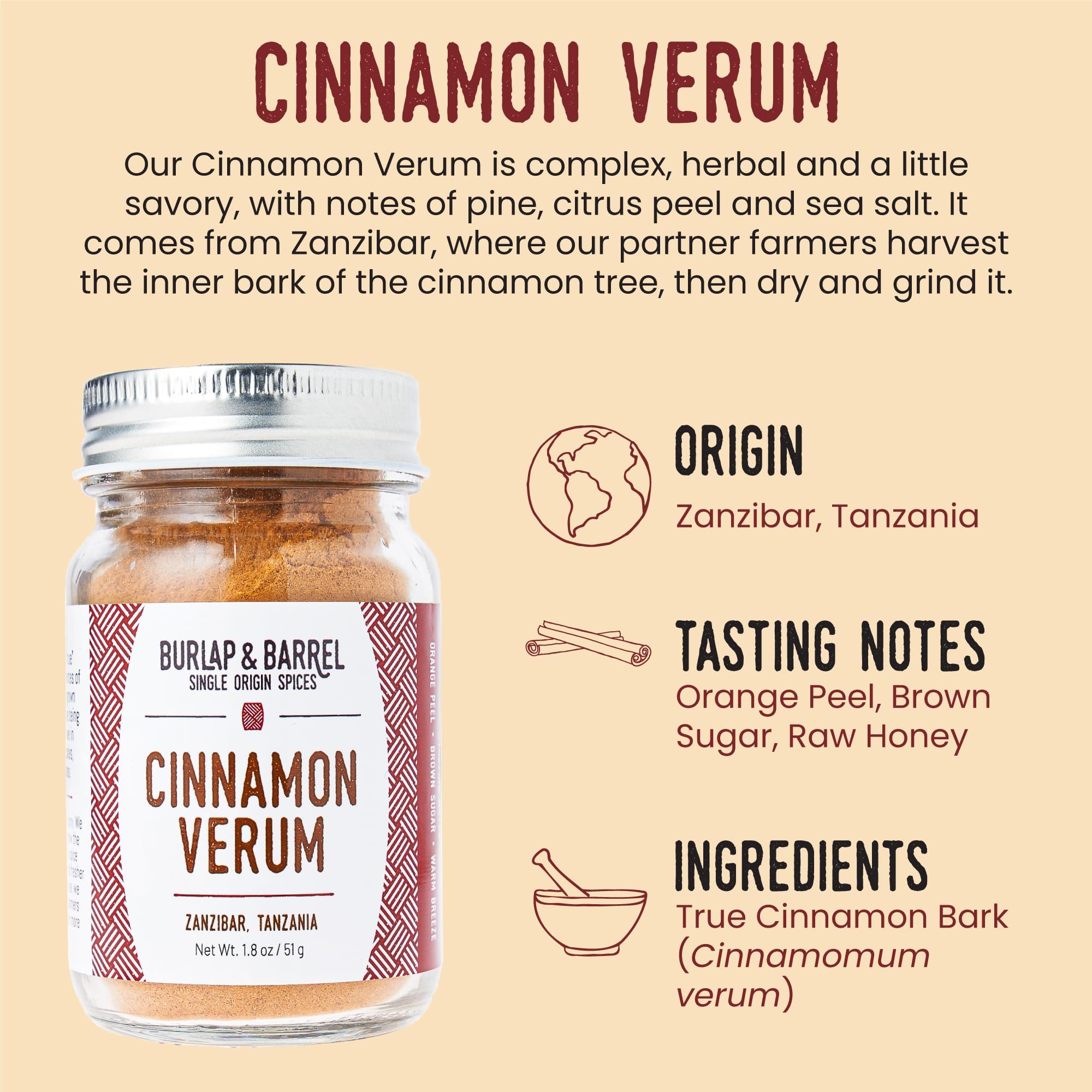 Burlap & Barrel Cinnamon Verum - Ground Ceylon Cinnamon Powder with Pine, Citrus Peel, and Sea Salt Notes - As Seen On Shark Tank - 1.8oz Glass Jar