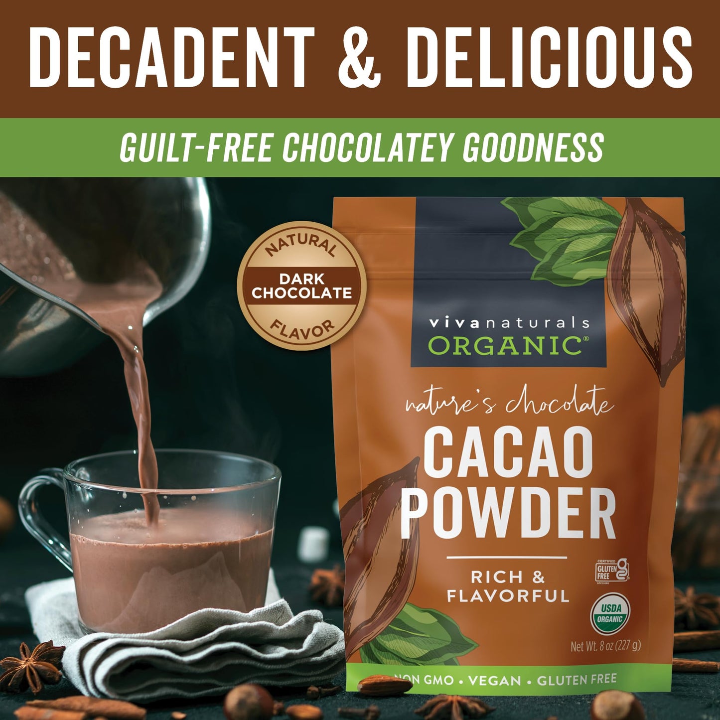 Organic Cacao Powder, Unsweetened, 8 oz (227 g) - Rich Dark Chocolate Flavor, Perfect for Baking, Smoothies & Hot Chocolate - Vegan, Keto, Paleo, Non-GMO & Gluten-Free Cocoa Powder