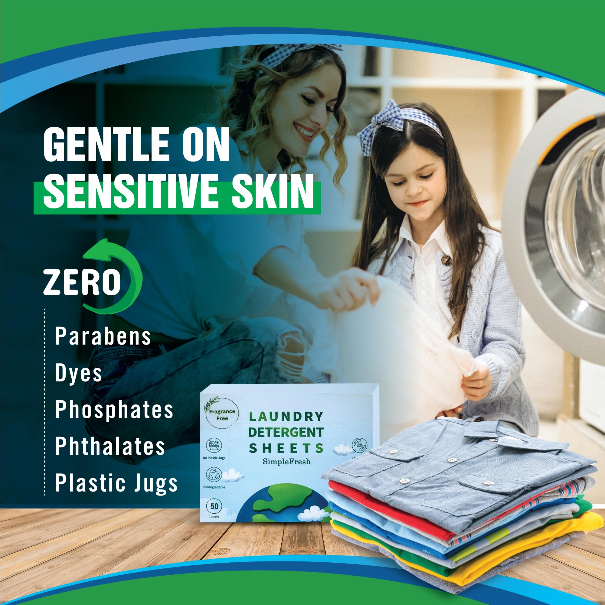 Eco-Friendly Laundry Detergent Sheets - 50 Loads | Plant-Based Travel Laundry Detergent Fragrance Free | Hypoallergenic, Biodegradable Dissolvable