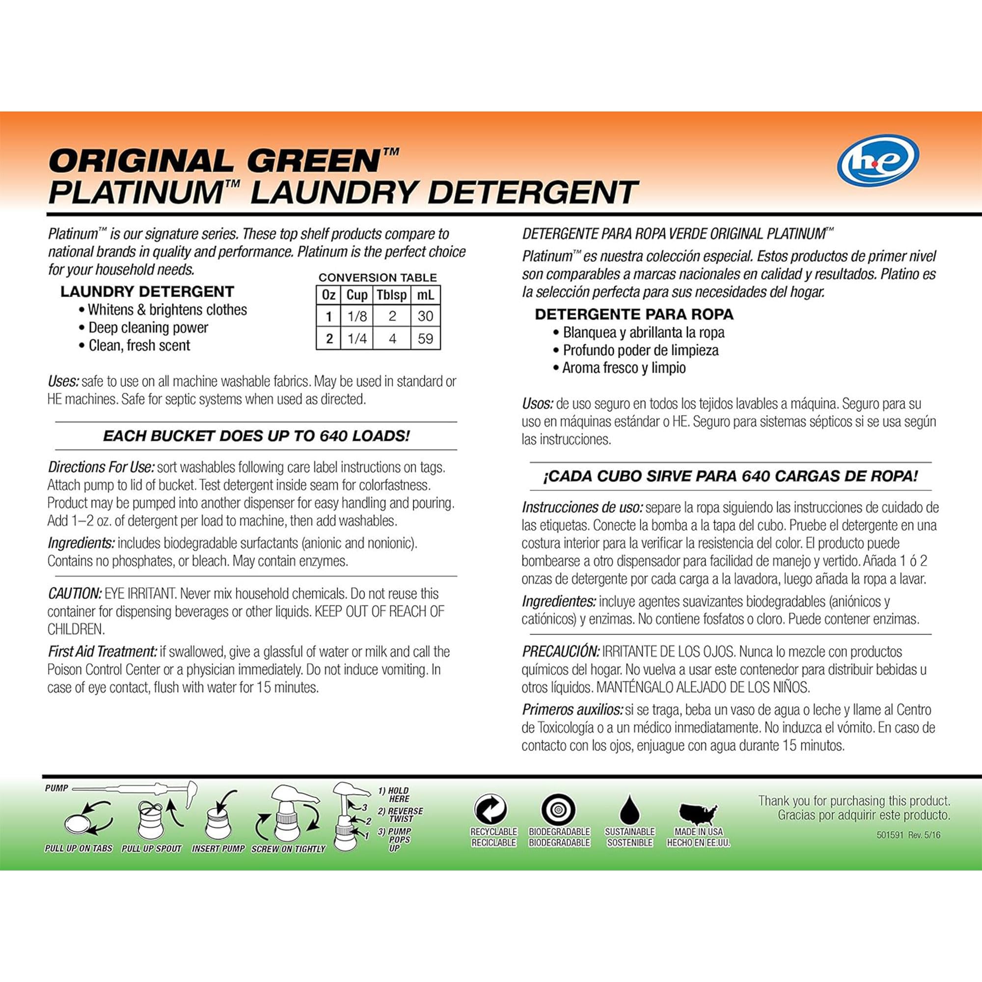 Ultra Fresh 3X Platinum 5 Gallon Laundry Detergent Liquid for All Machine Types with Easy Dispensing Pump, Up to 640 Loads, Original Green (2 Pack)