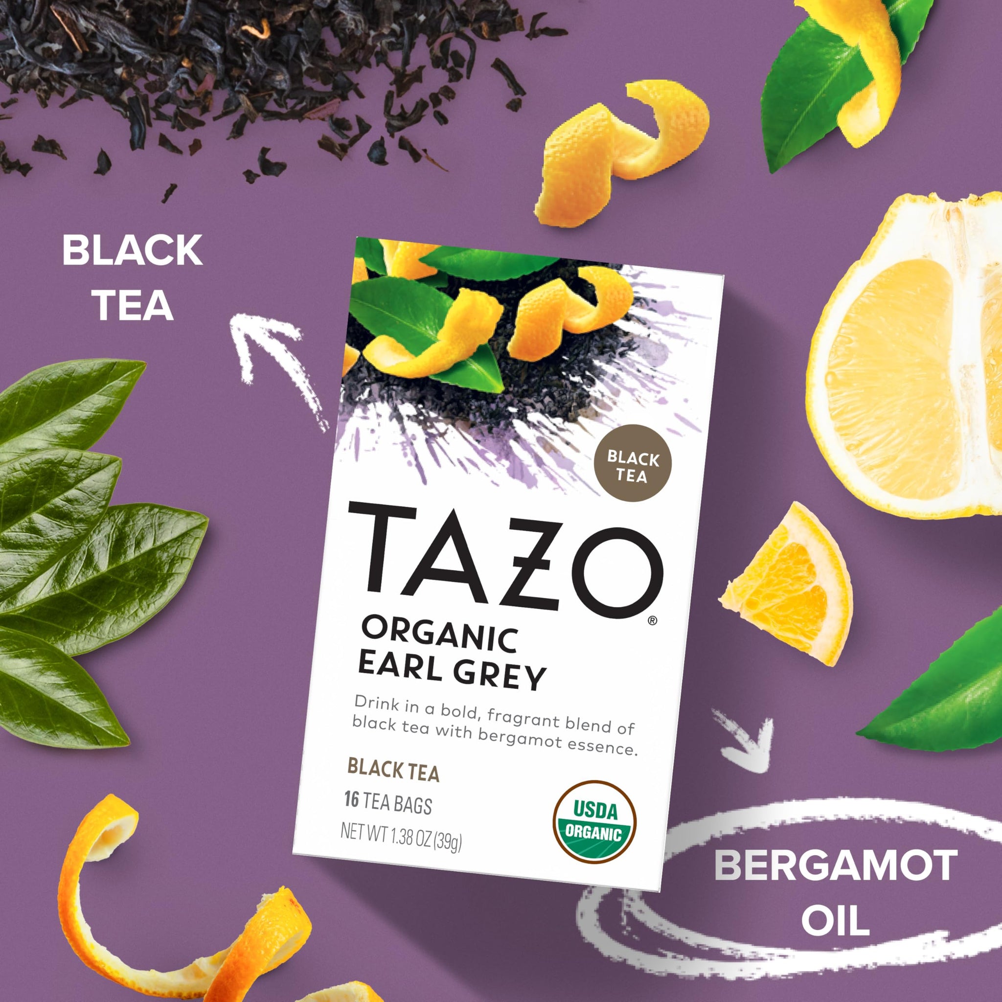TAZO Organic Earl Grey Tea Bags, Black tea with Caffeine, 16 Total Tea Bags