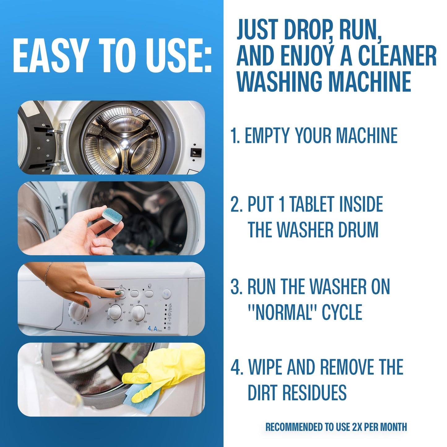 Sudstainables Washing Machine Cleaner Tablets (24-Pack) - Deep Clean Odor & Residue Remover for Front & Top Load Washers, HE & Septic Safe Washing