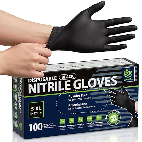 SWIFTLITE Disposable Nitrile Gloves Black, Food Safe Rubber Gloves Latex-Free Powder-Free for Cooking Food Prep Kitchen Clean (Medium, 100)