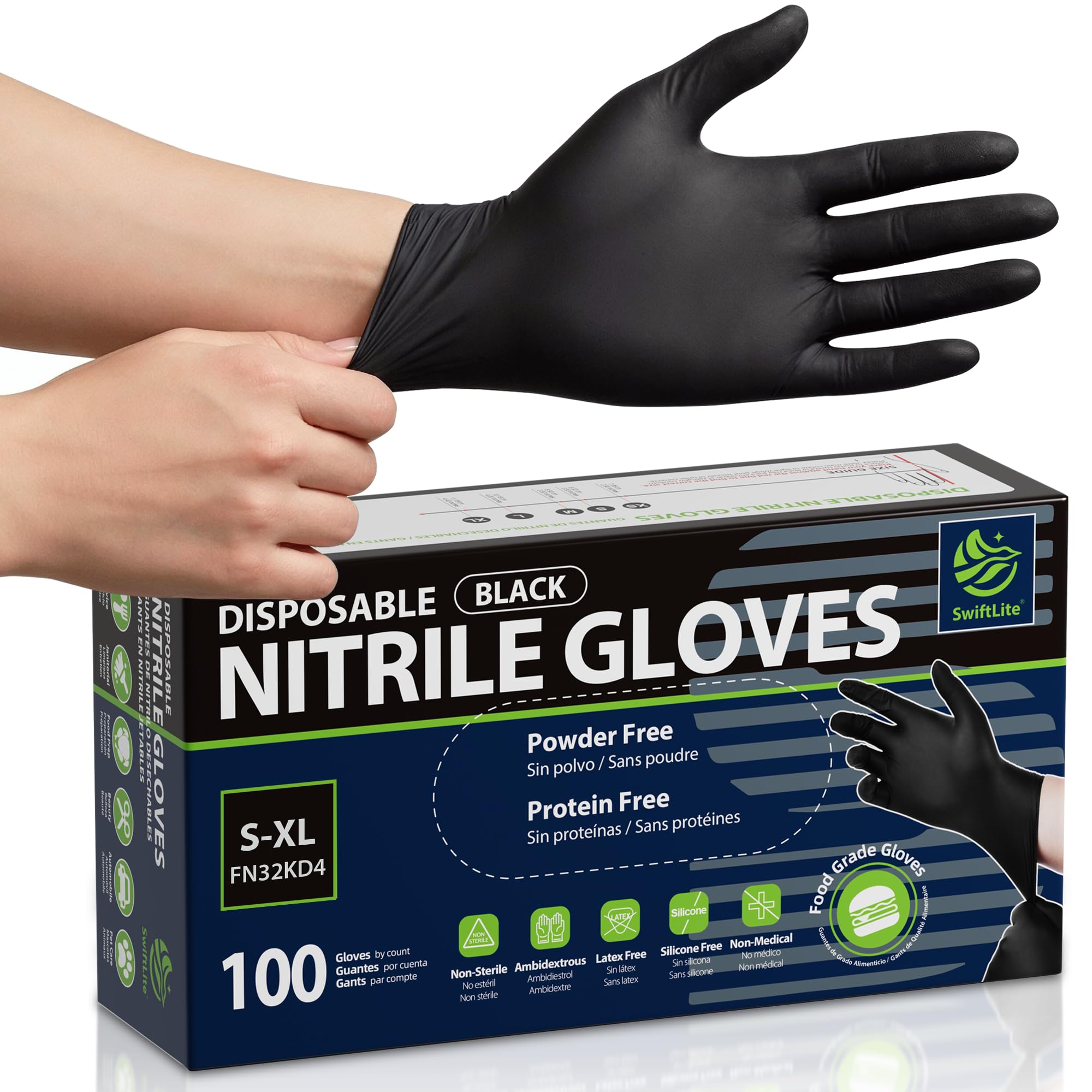SWIFTLITE Disposable Nitrile Gloves Black, Food Safe Rubber Gloves Latex-Free Powder-Free for Cooking Food Prep Kitchen Clean (Medium, 100)
