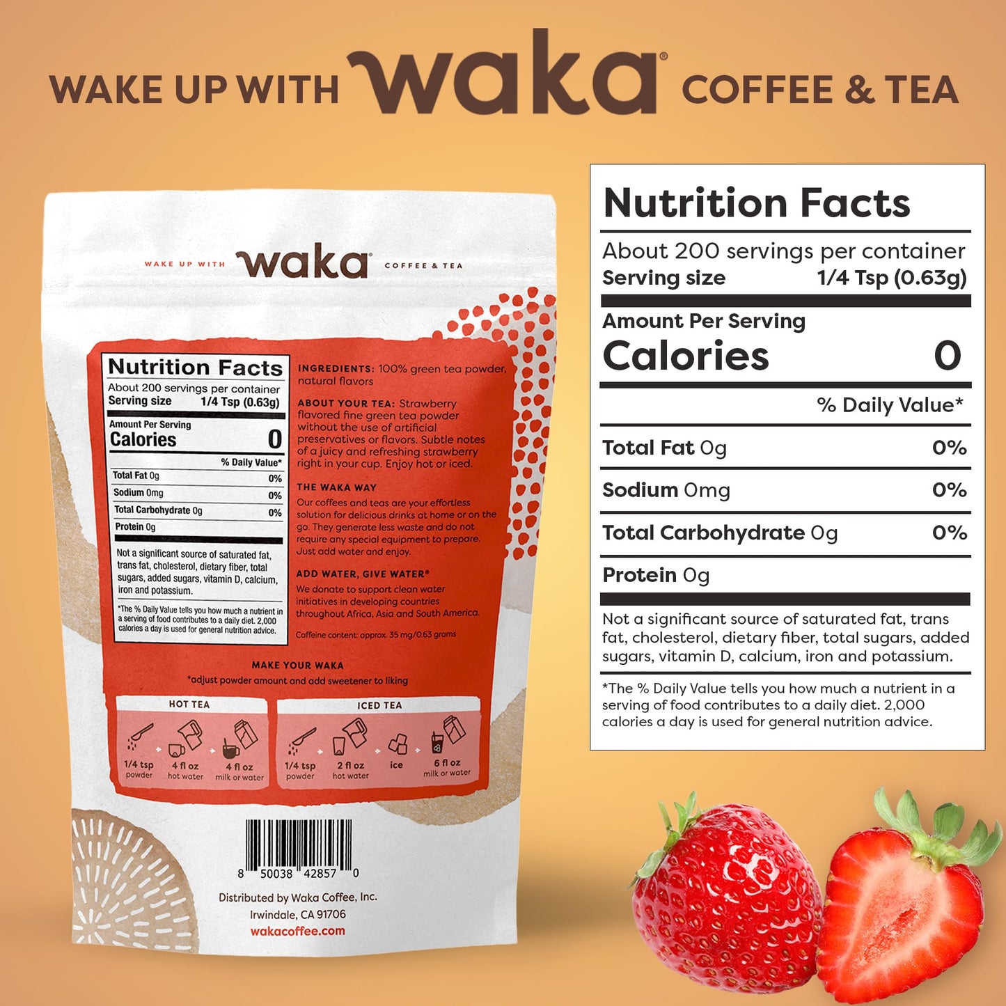 Waka Instant Green Tea Mix, Strawberry Flavored - 100% Tea Leaves, No Additives, Unsweetened Tea Powder in Bulk Pouch - Easy Quick Hot and Iced Teas