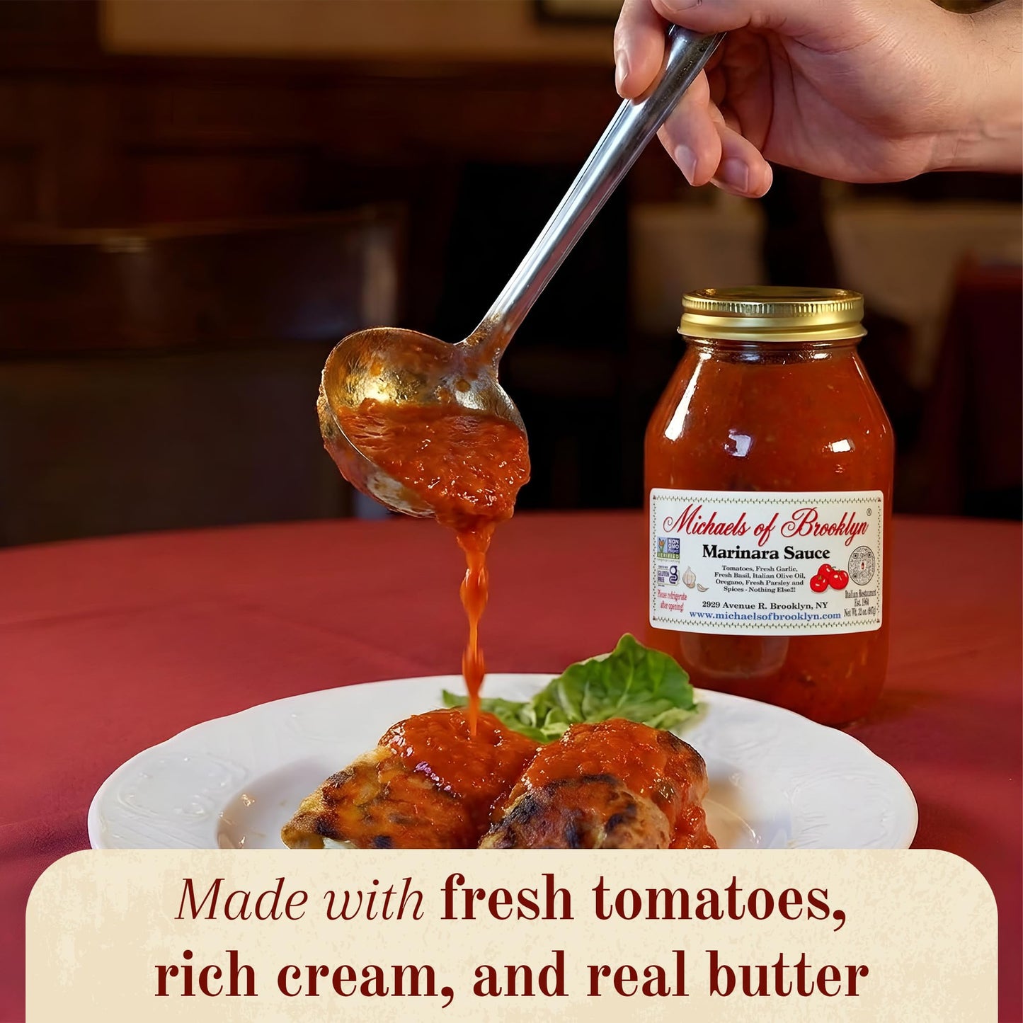 Michael's of Brooklyn Marinara Sauce, 32oz Jar with Spoon - Non-GMO, Gluten Free Italian Tomato Pasta Sauce - Tomatoes, Garlic, Basil, Olive Oil