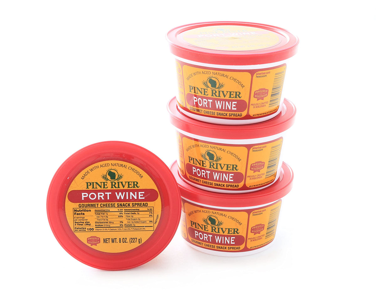 Pine River Cheese Spreads 4-Pack | Port Wine | (4) 8 oz tubs | SHELF-STABLE | Fruity, Sharp & Creamy Authentic Wisconsin Pub Cheese Spread