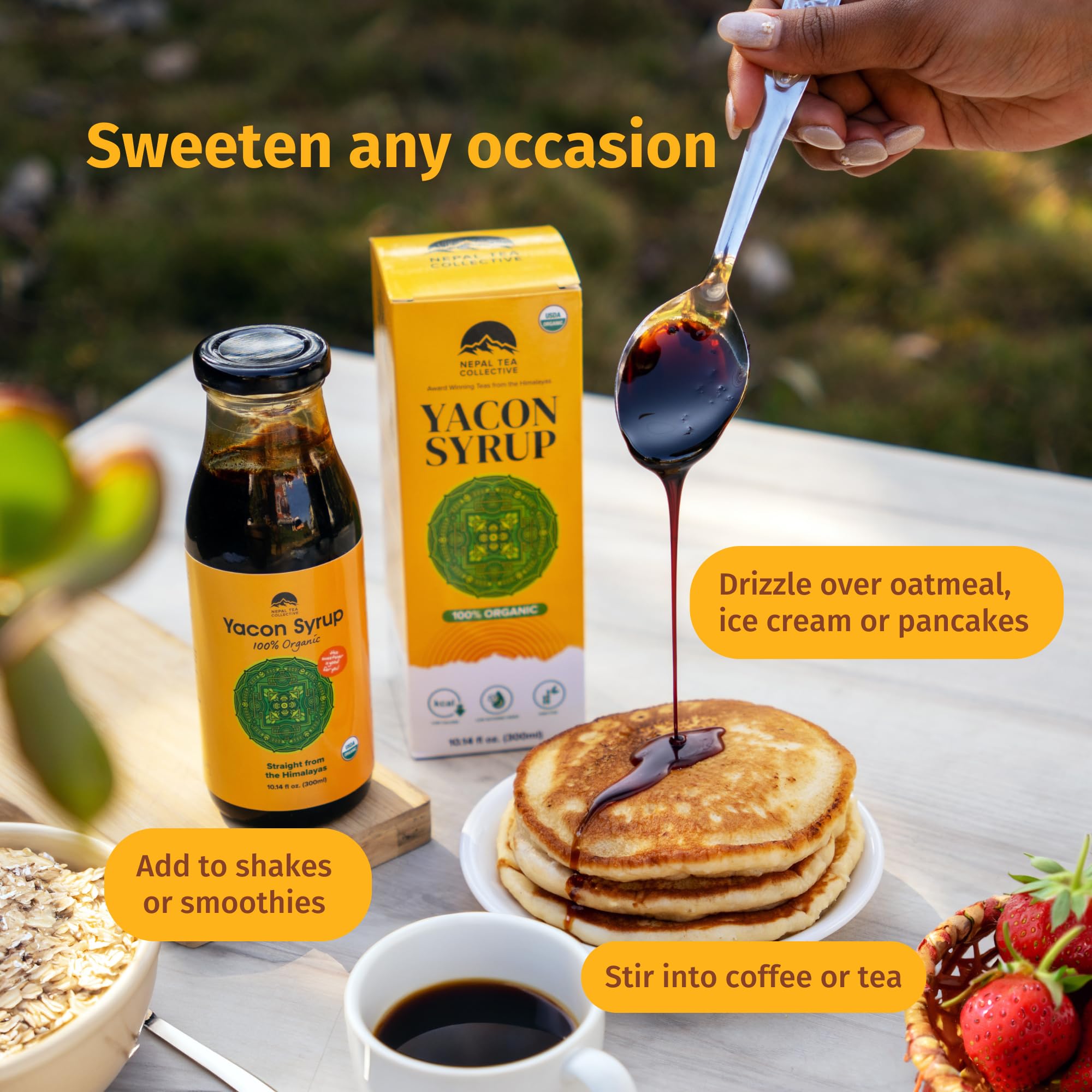 Nepal Tea Yacon Syrup 100% Organic, 9.5 Fl Oz Glass Bottle - Low Calorie, Satisfying Sweetness, Rich in Minerals, Low Glycemic, High in FOS/Prebiotic for Digestive Health