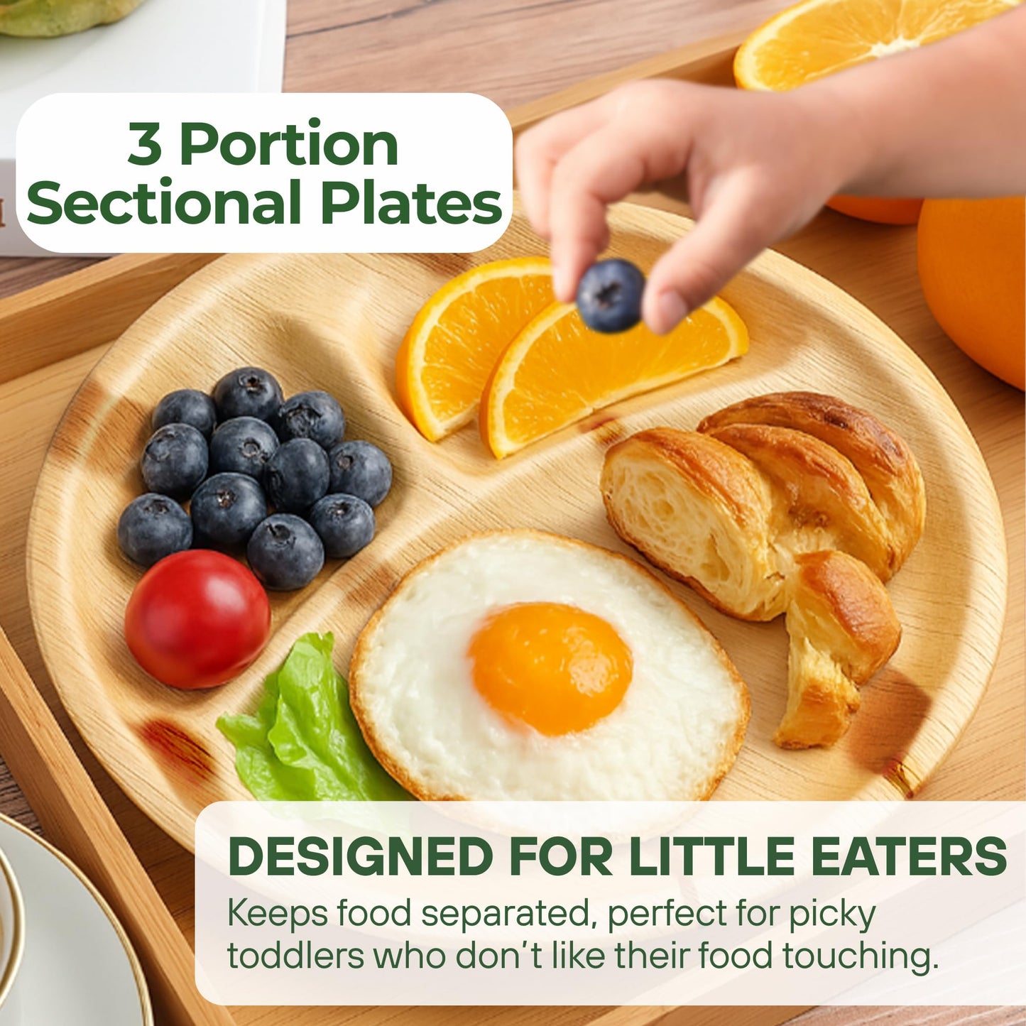 Dtocs 3 Compartment Plates (50 Pc) Palm Leaf 10 Inch Round Portion Control Buffet Sectional Plate | Bamboo Plates Disposable Like Compostable Camping