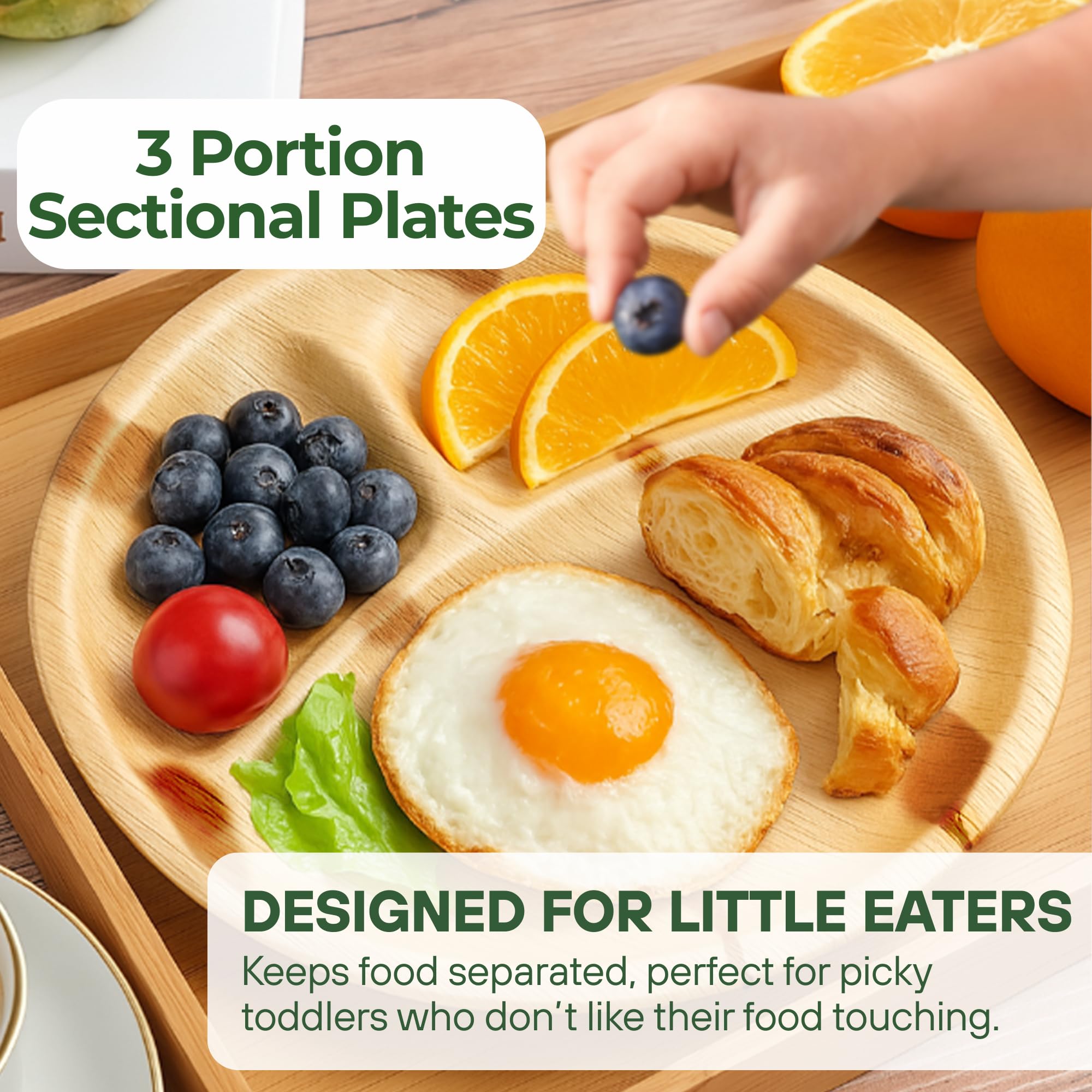 Dtocs 3 Compartment Plates (50 Pc) Palm Leaf 10 Inch Round Portion Control Buffet Sectional Plate | Bamboo Plates Disposable Like Compostable Camping