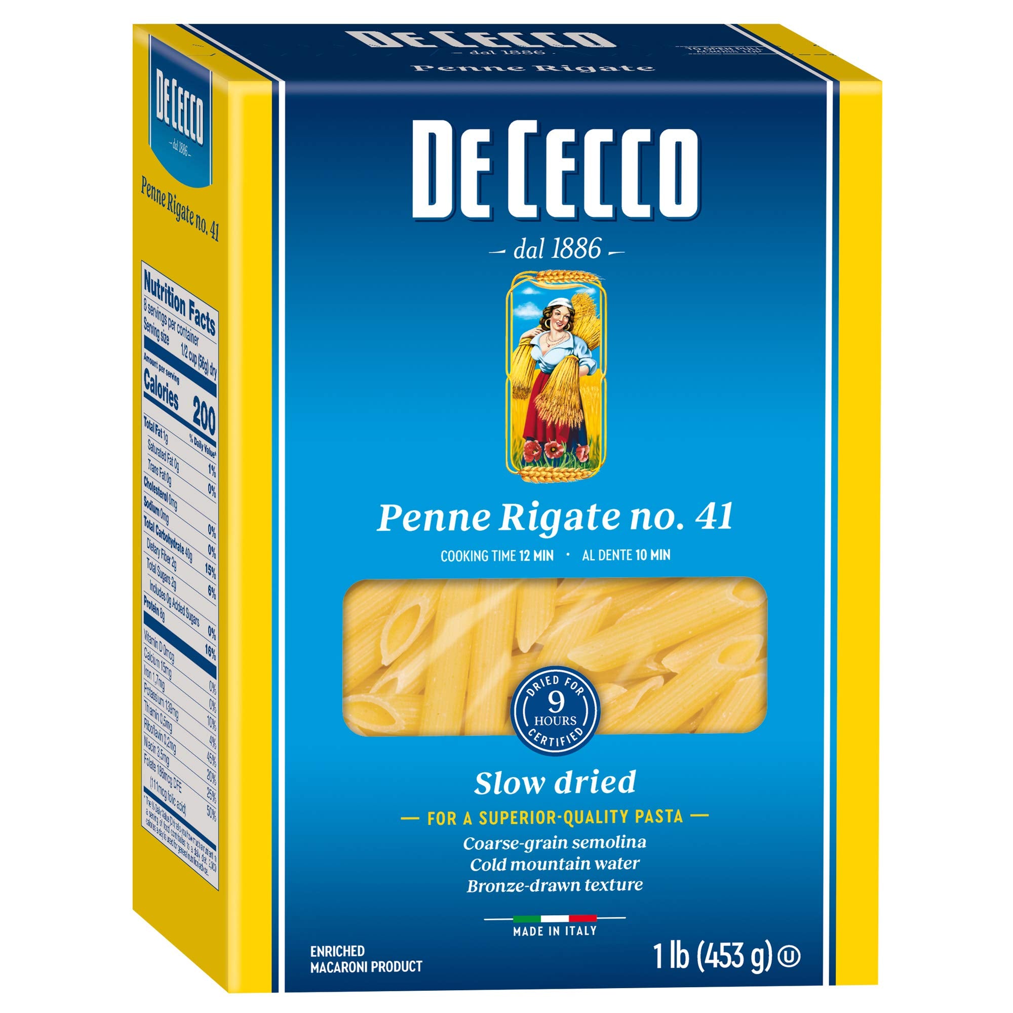 De Cecco Penne Rigate No. 41 Pasta, 16 Oz (Pack of 12), Authentic, Slow Dried, Made with Durum Wheat, Versatile Pasta for Sauces & Recipes, Made in