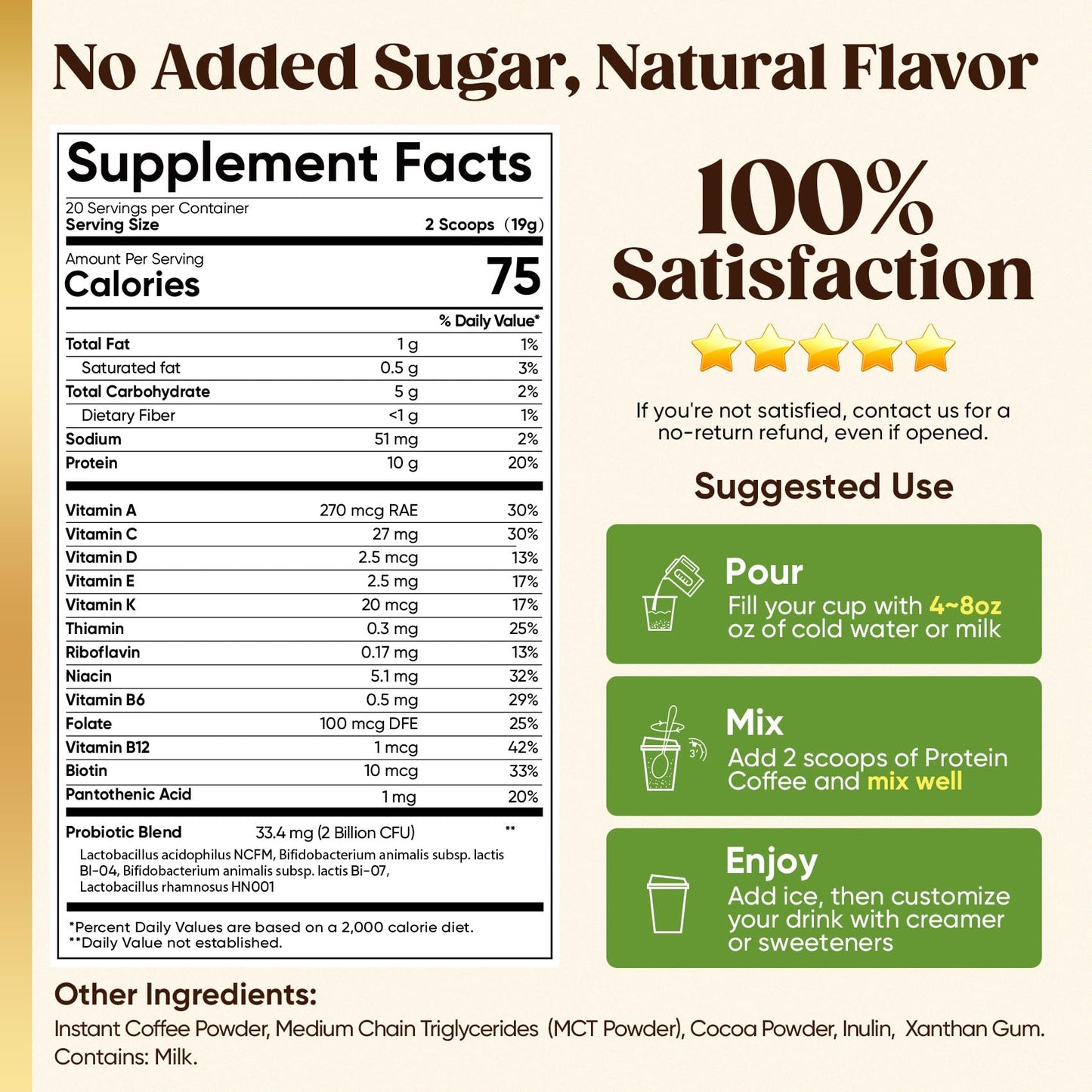 Sugar Free Protein Coffee - Cold Brew Mocha Iced Coffee, 70mg Caffeine, MCT Oil, Probiotics & Fiber, 13 Vitamins, Instant Coffee For Energy, Focus