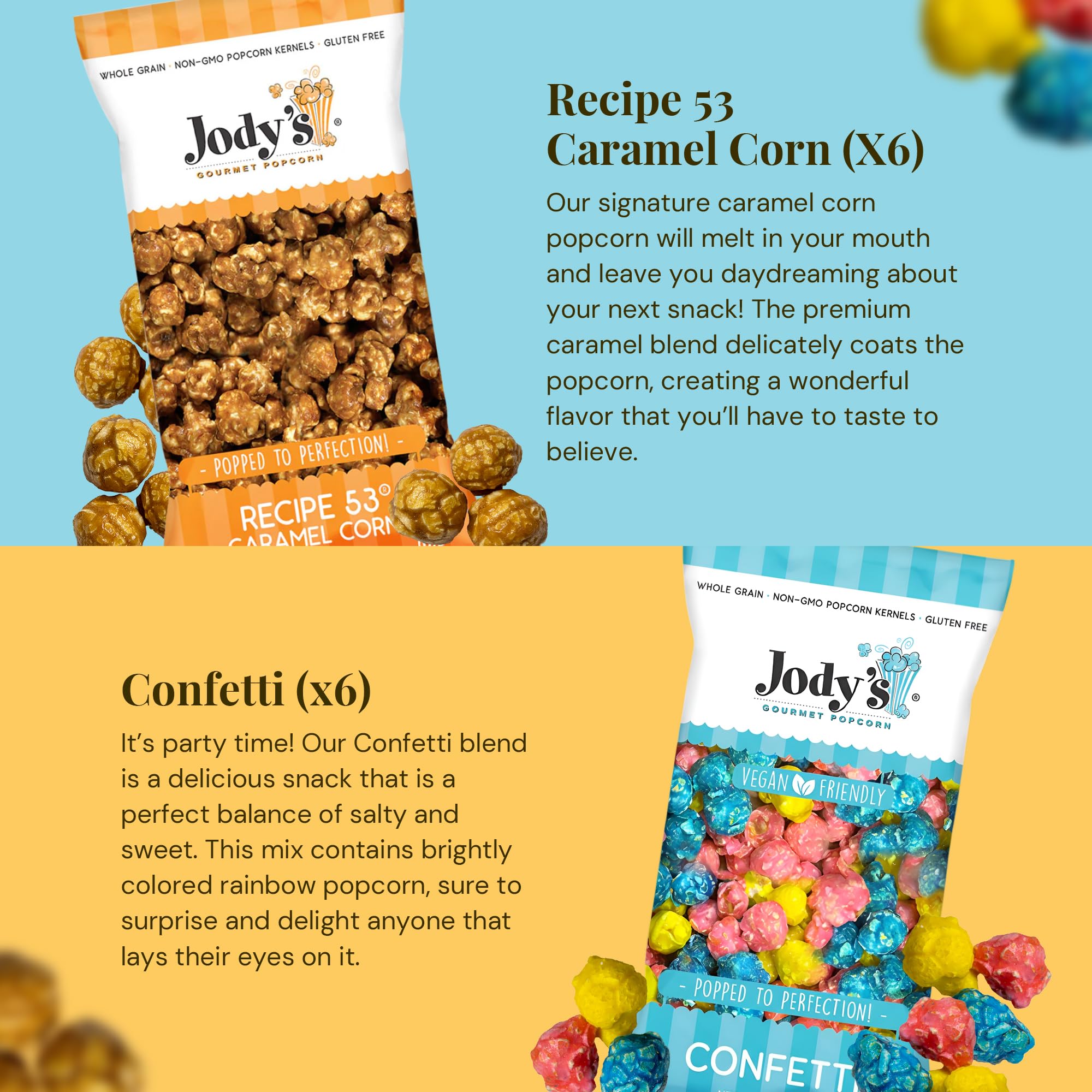 Jody’s Gourmet Popcorn Bundle - Recipe 53 Caramel Corn & Confetti Popcorn, 12-Pack, 7oz Bags - Sweet & Salty Popcorn Gift Pack for Parties, Movie