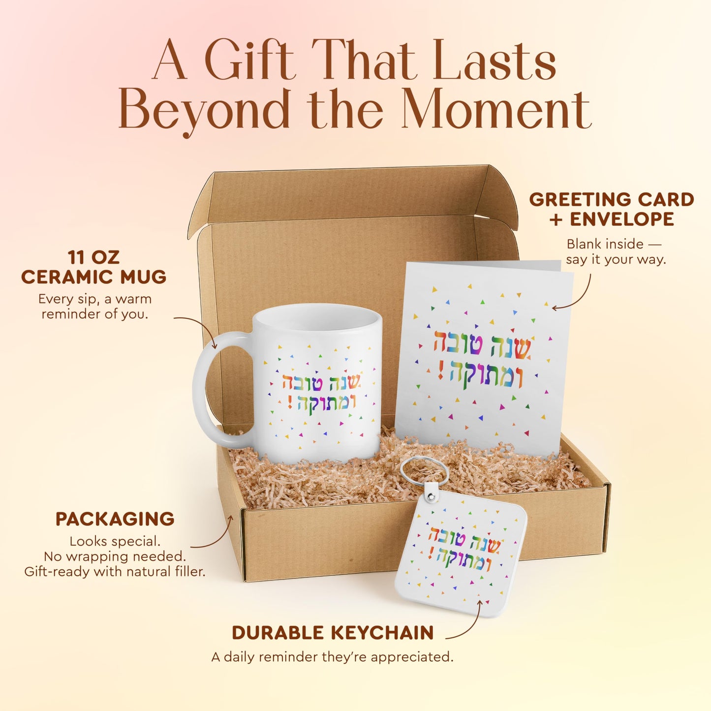 3dRose Rosh Hashanah Gift Set with Mug, Card, and Keychain - Colorful Confetti Design for Jewish New Year Celebrations with Family and Friends