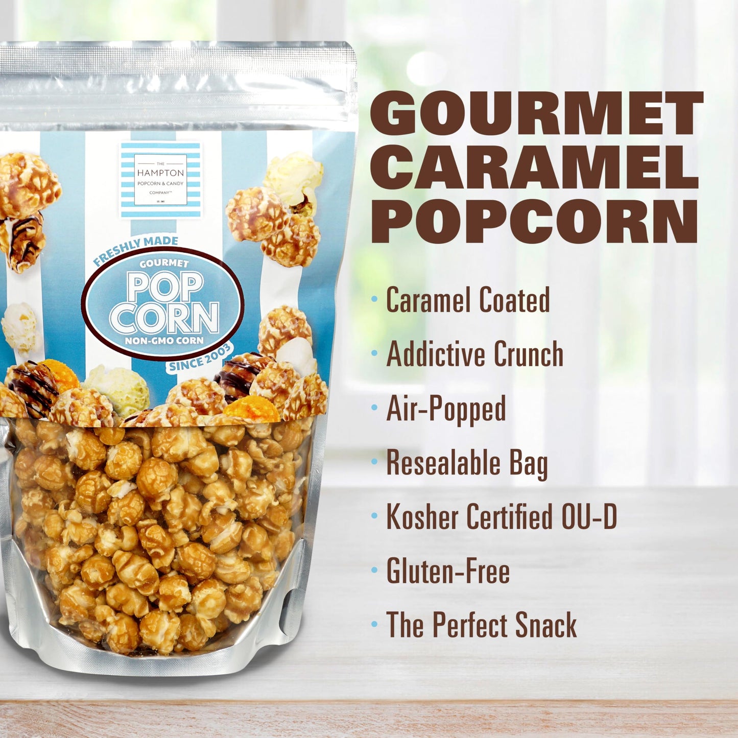 The Hampton Popcorn Company Caramel Popcorn Resealable Zip Bag, 9.5 Ounce, Caramel Corn, Fresh Gourmet Popcorn