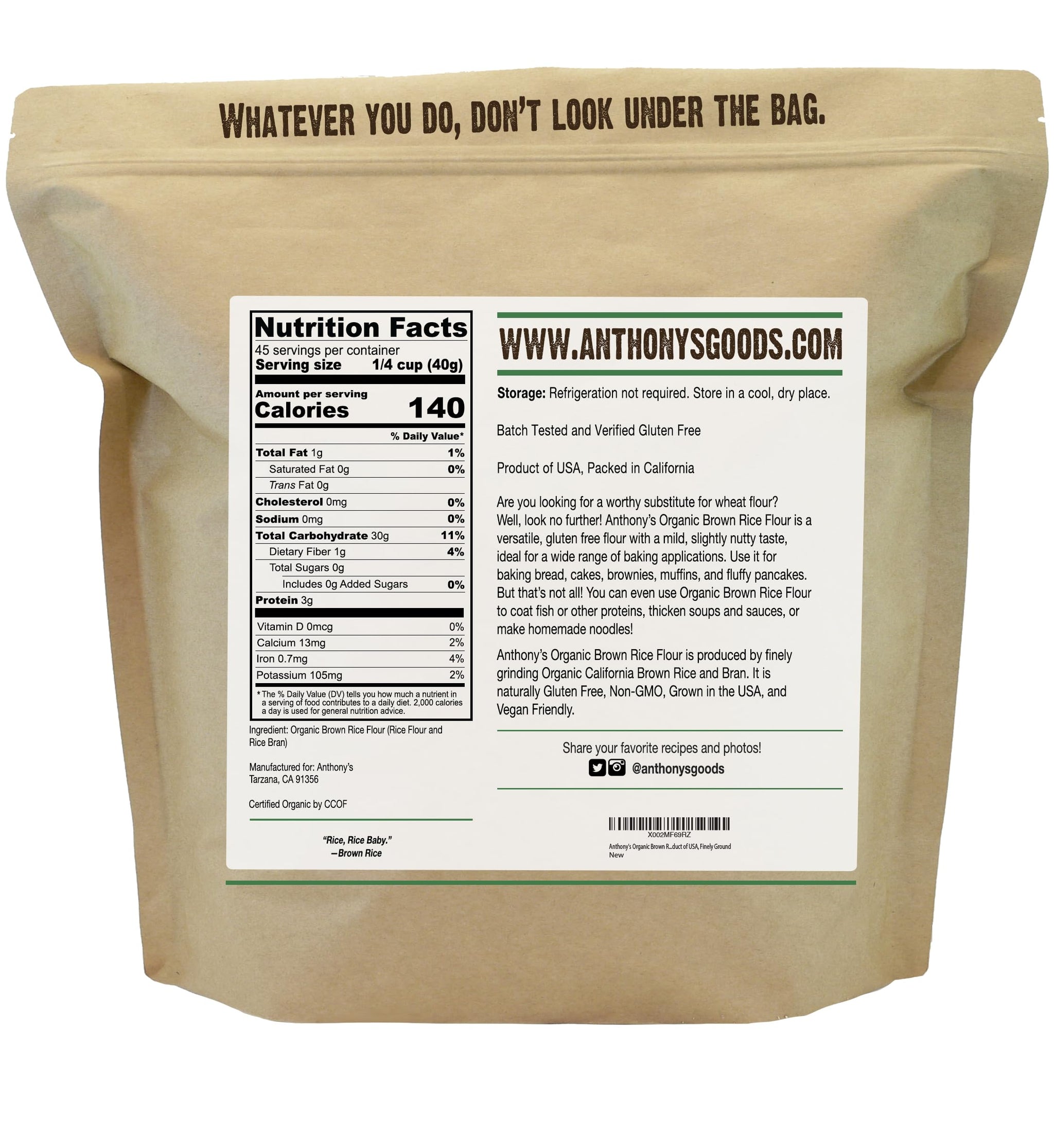 Anthony's Organic Brown Rice Flour, 4 Pound, Gluten Free, Product of USA, Finely Ground