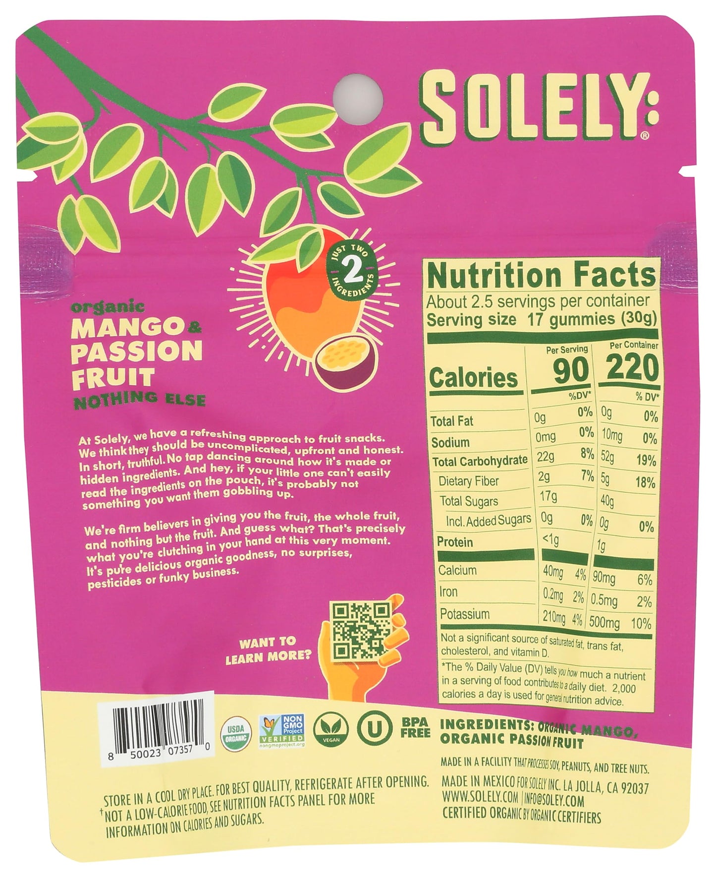 Solely Organic Mango & Passion Fruit Gummies, 2.5 OZ