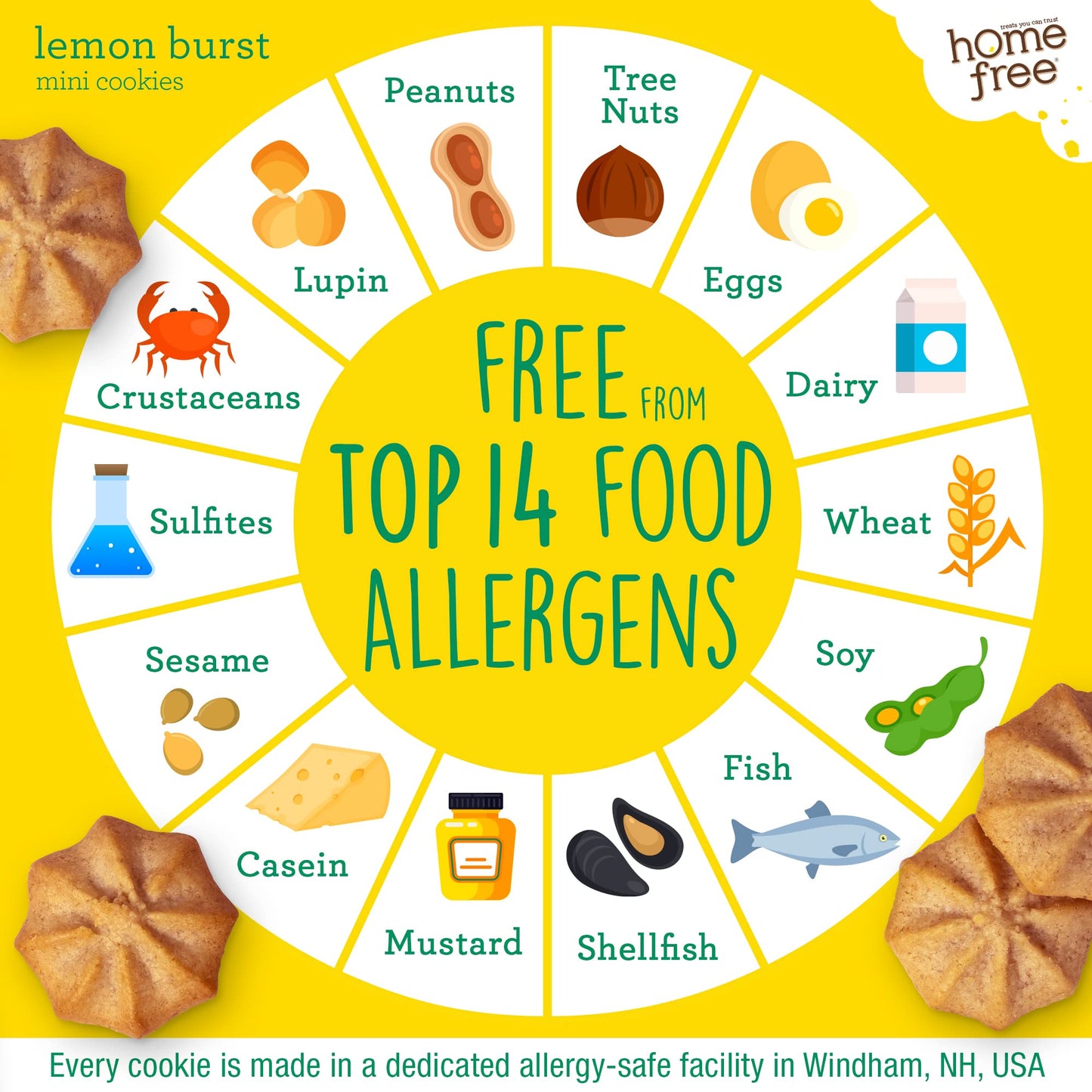 Homefree Mini Lemon Burst Cookies, Gluten Free, Nut Free, Vegan, School Safe and Allergy Friendly Snacks, 5 Oz Box (Pack of 1), Produced In USA