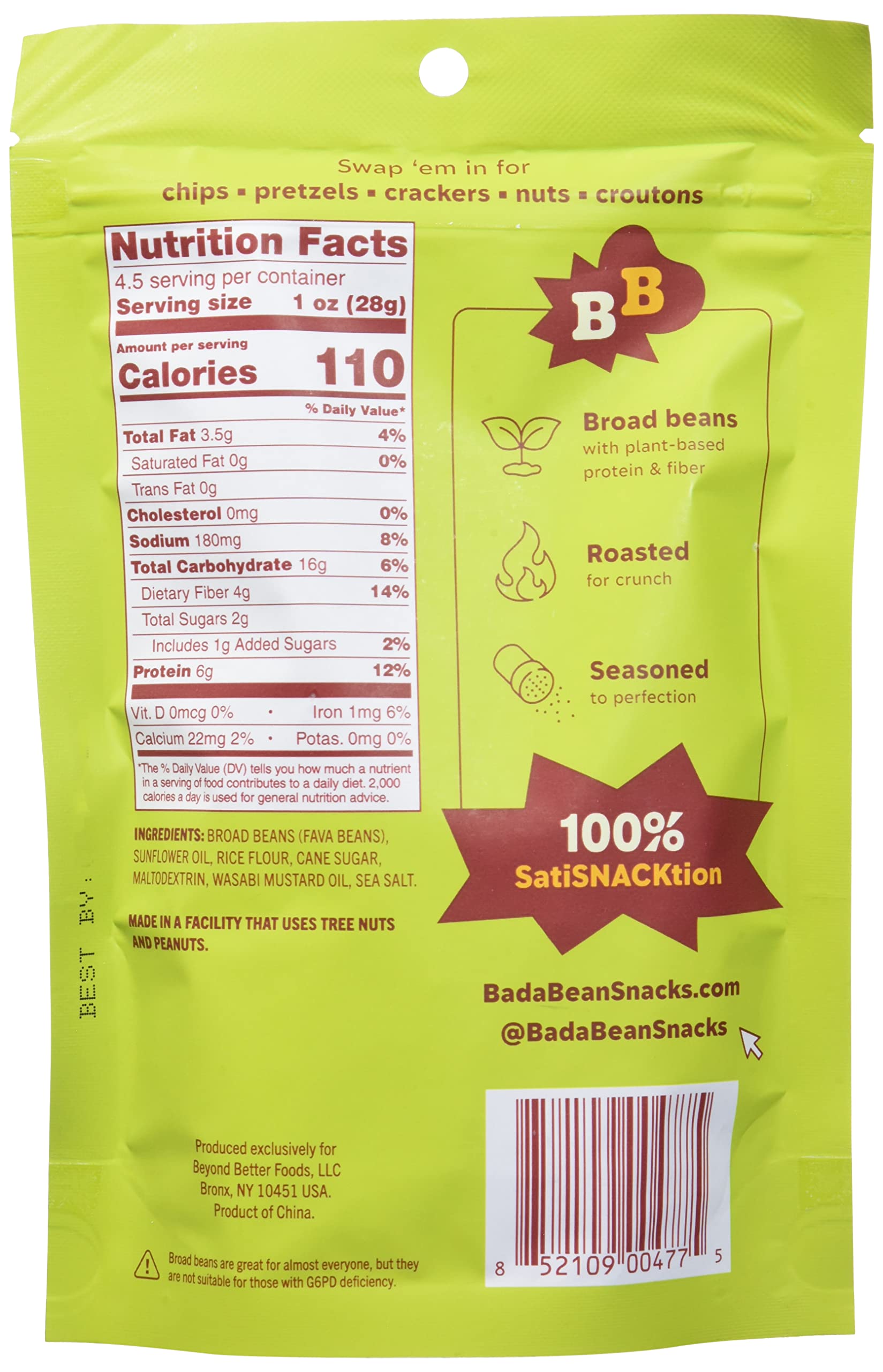 Bada Bean Bada Boom Plant-based Protein, Gluten Free, Vegan, Non-GMO, Soy Free, Kosher, Roasted Broad Fava Bean Snacks, Wasabi, 4.5 Ounce (Pack of 6)