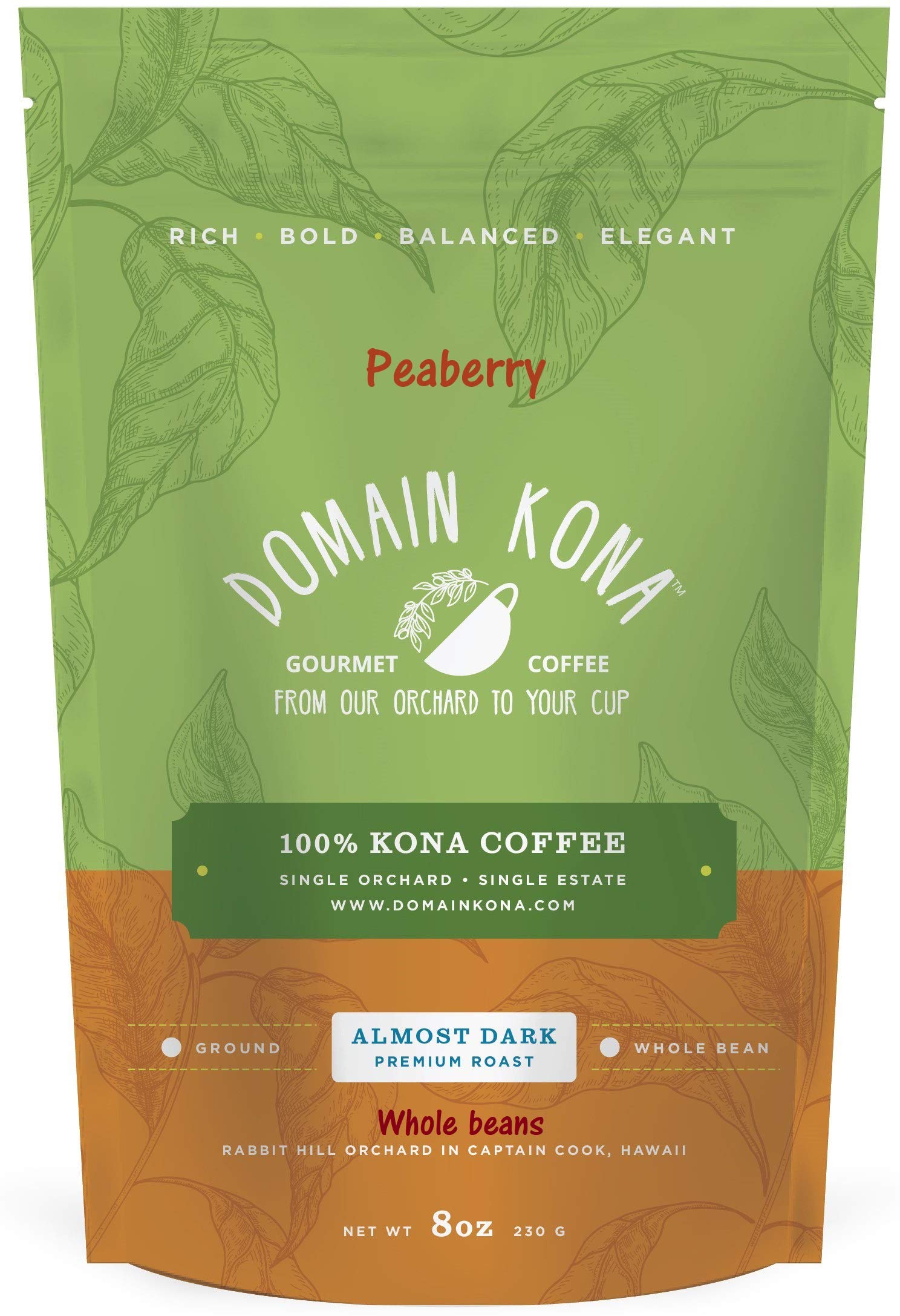 100% Kona Coffee PEABERRY - Whole Bean, Almost Dark roast, Single estate gourmet coffee, 8 ounces, ships direct from Domain Kona Coffee, farm fresh