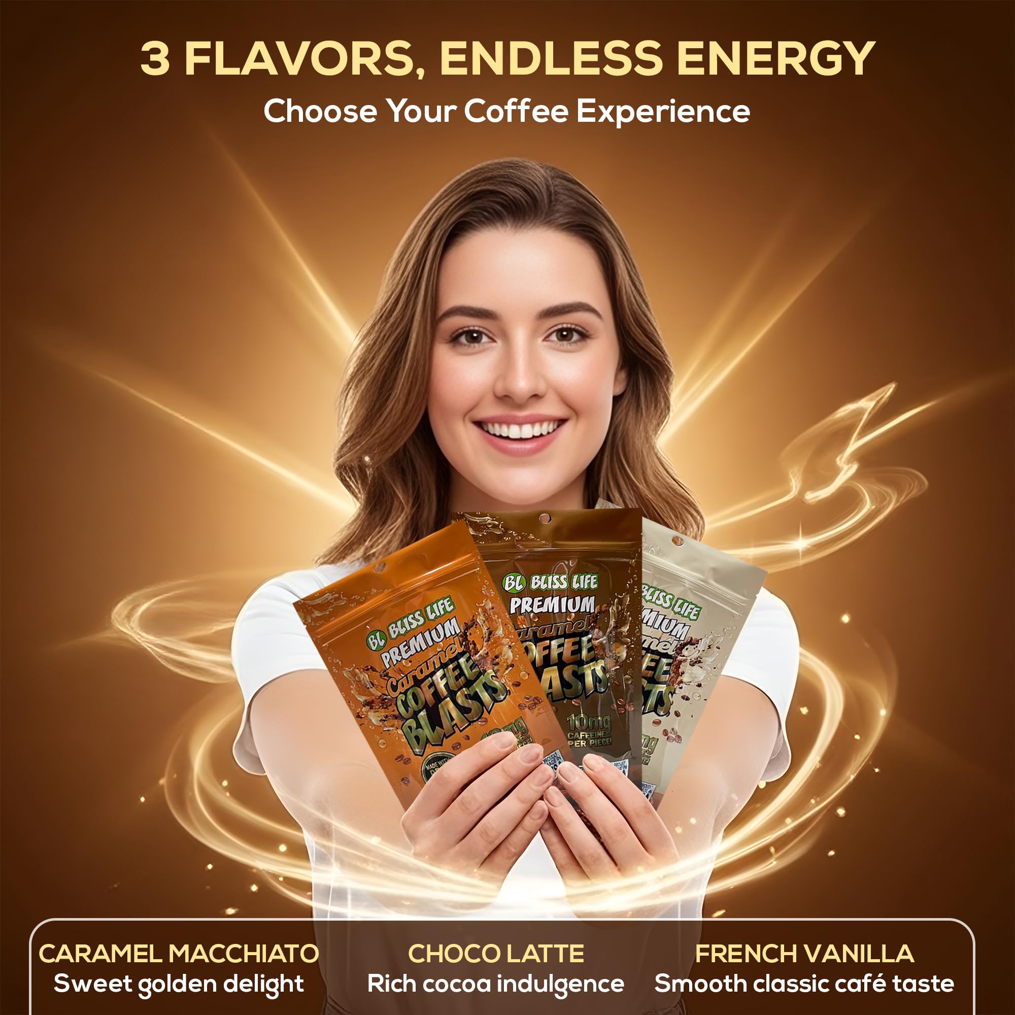 Caramel Coffee Blasts - Edible Coffee Revolution with Real Brewed Cafe in Three Amazing Flavors: Caramelo Macciato, Chocolate Latte, French Vanilla