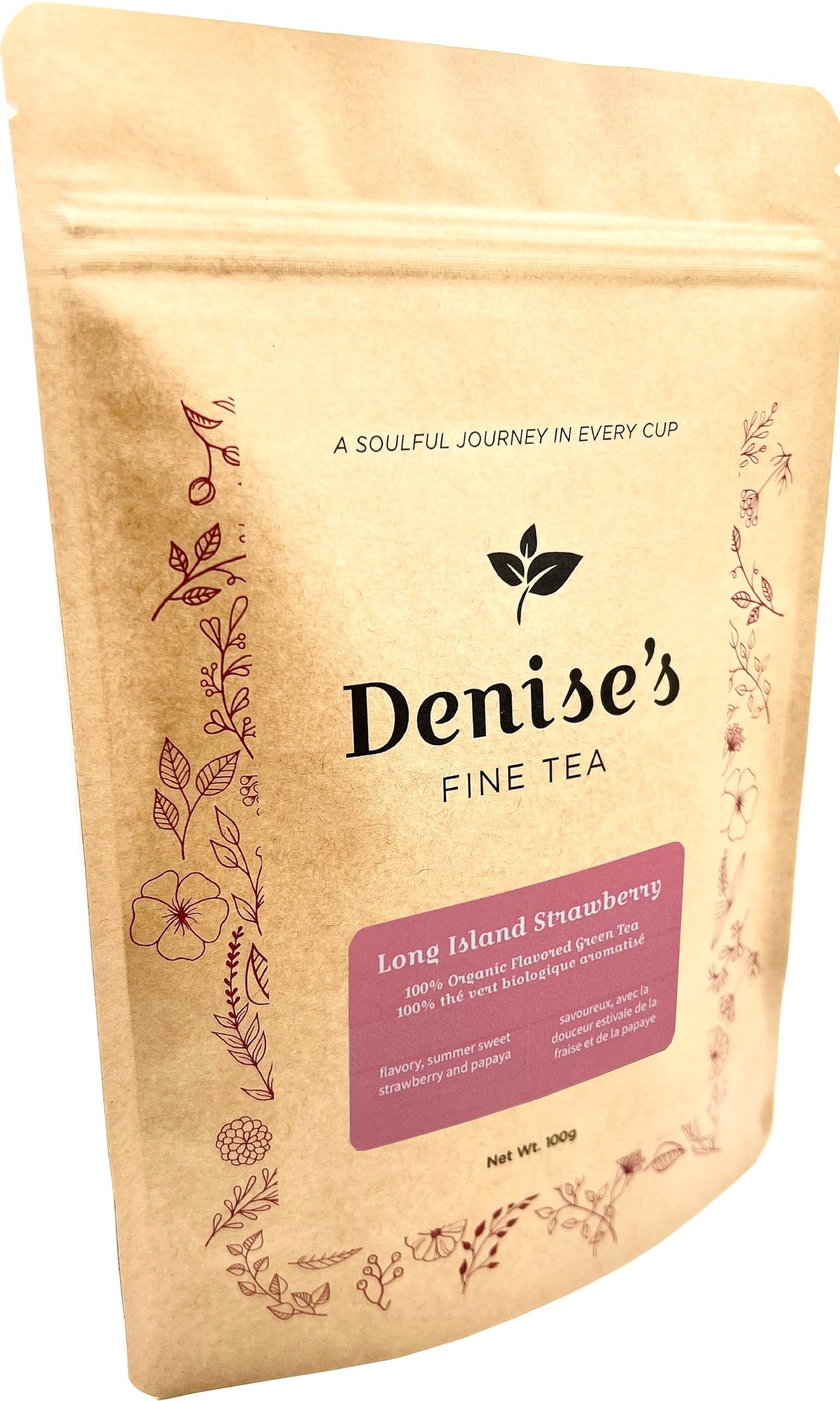 Denise's Fine Tea, USDA Organic, Long Island Strawberry, Flavored Green Tea, High Antioxidant, Loose Leaf (100g), Kosher, Vegan, Ethically Sourced