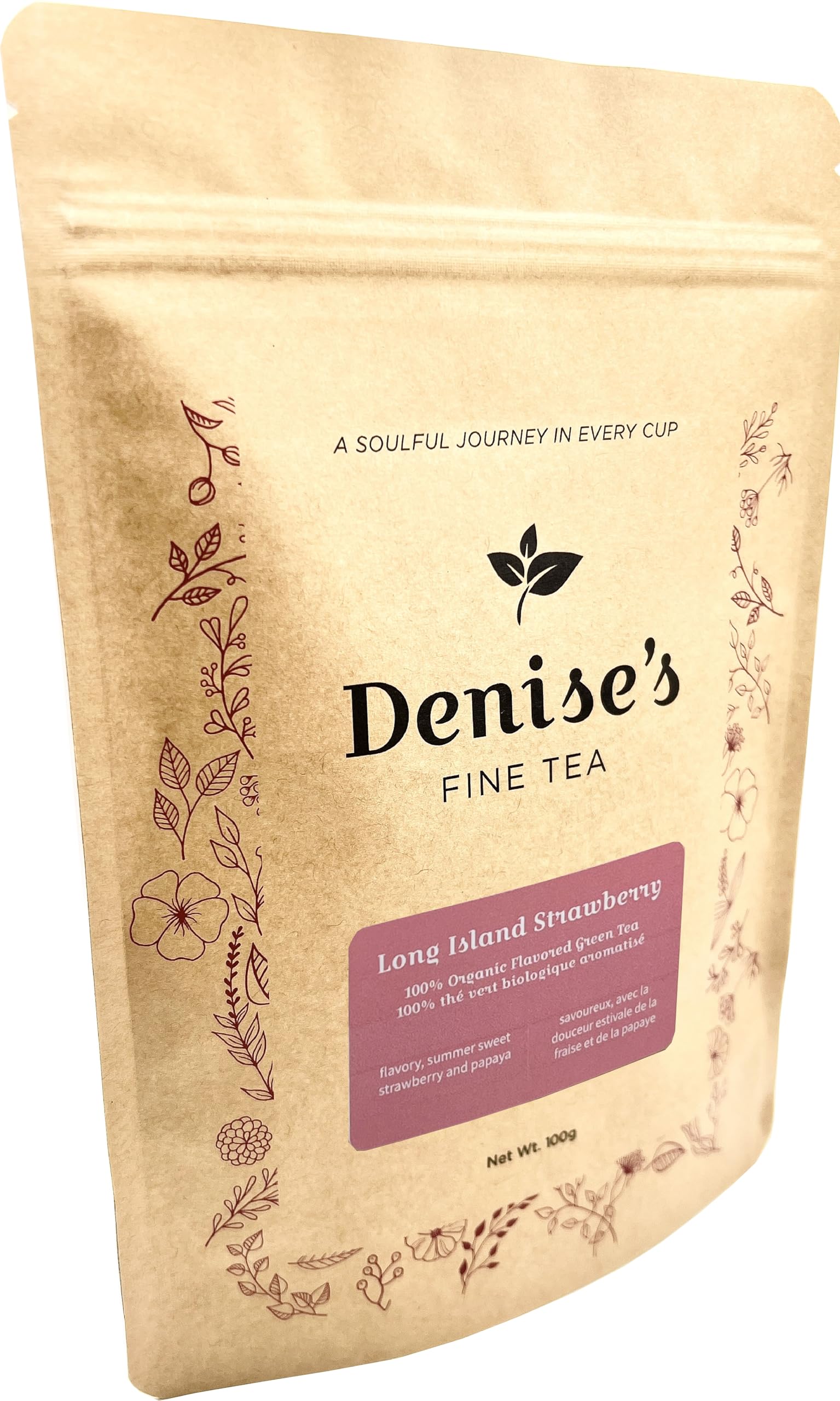 Denise's Fine Tea, USDA Organic, Long Island Strawberry, Flavored Green Tea, High Antioxidant, Loose Leaf (100g), Kosher, Vegan, Ethically Sourced
