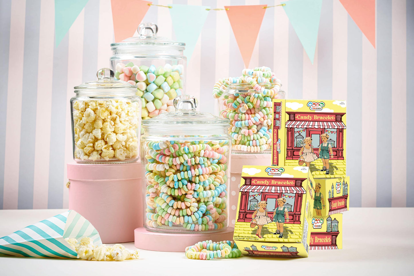 24 Candy Bracelets Individually Wrapped, Vintage Candy Jewelry for Kids, The Perfect Pastel Addition to your Buffet, Princess-Themed Party or Goody