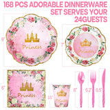168 Pieces Pink Princess Disposable Party Dinnerware - Princess Paper Plates Napkins Cups Plastic Forks Knives Spoons For Girls Kids Birthday Party