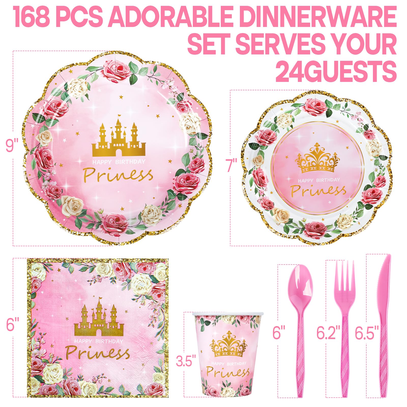 168 Pieces Pink Princess Disposable Party Dinnerware - Princess Paper Plates Napkins Cups Plastic Forks Knives Spoons For Girls Kids Birthday Party