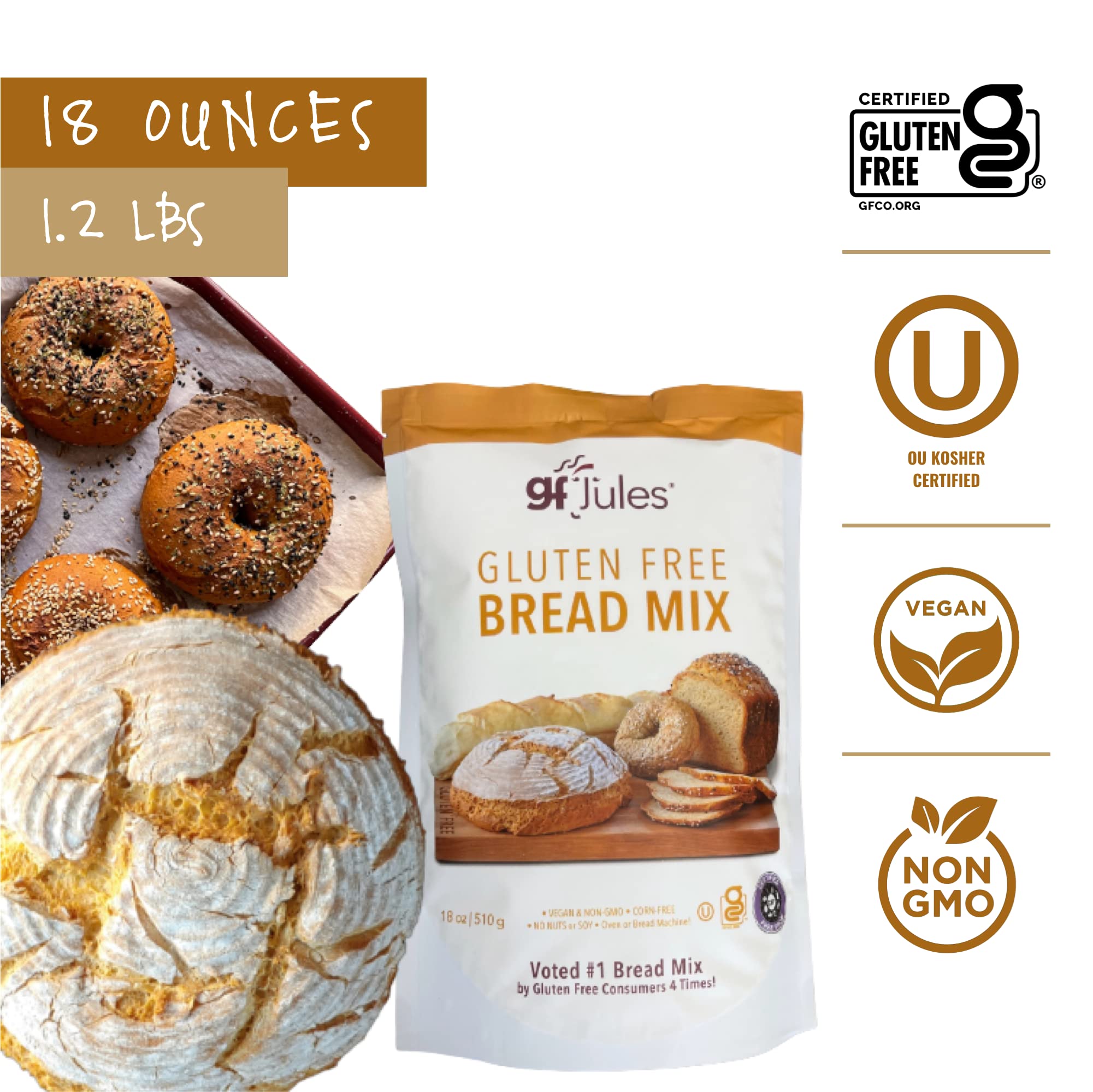 gfJules Certified Gluten Free Bread Baking Mix | Loaf, Baguettes, Bagels, Focaccia and more | No Grit, Non-GMO, Vegan | Certified Top 9 Allergen-Free & Kosher | 18 Ounces