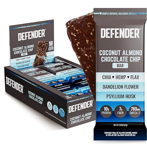 Defender Vegan Protein Bar, Coconut Almond Chocolate Chip, Plant Based Snack or Breakfast Bars, Psyllium Husk, Dandelion Root, High Fiber, Non GMO