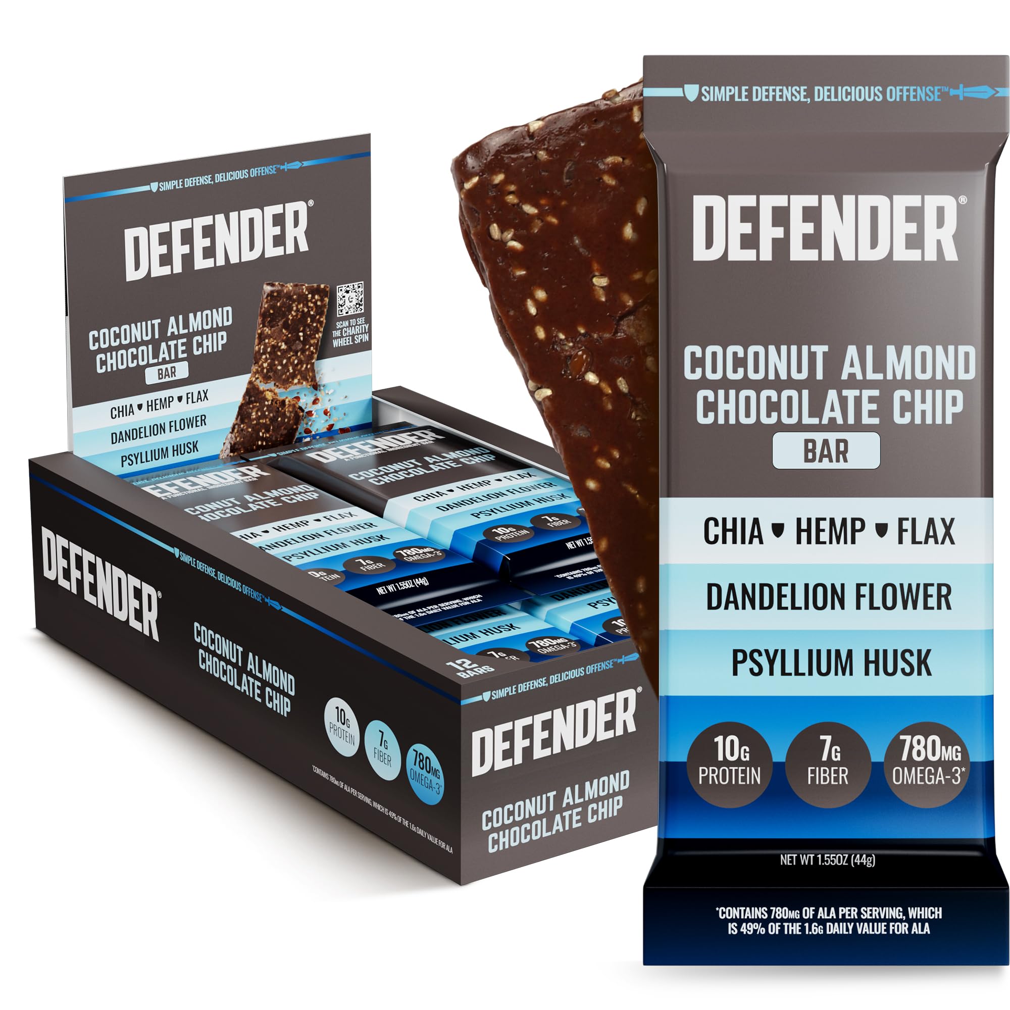 Defender Vegan Protein Bar, Coconut Almond Chocolate Chip, Plant Based Snack or Breakfast Bars, Psyllium Husk, Dandelion Root, High Fiber, Non GMO