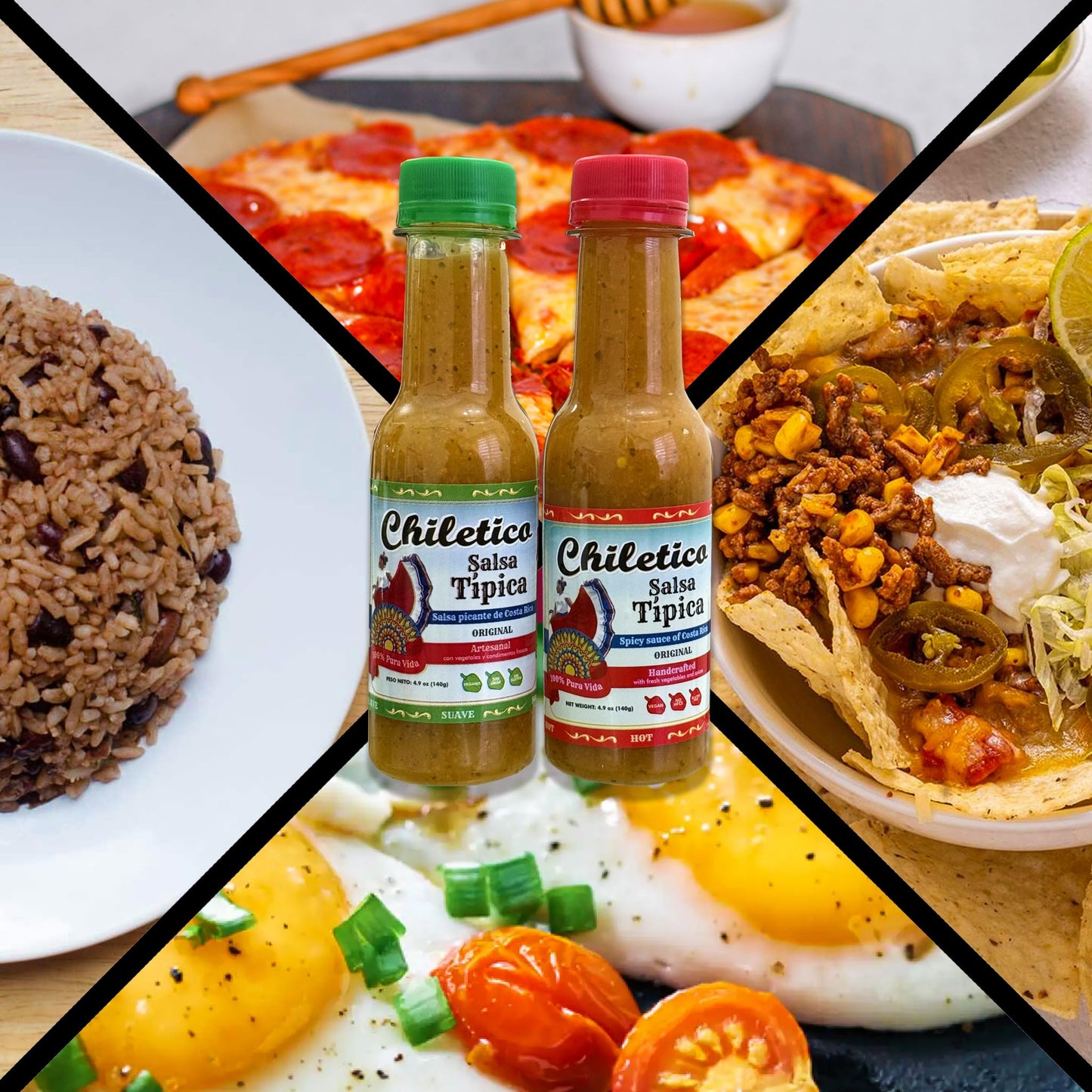 Chiletico Típica Sauce - 2 Mild + 2 Hot - Traditional Costa Rican Salsa - Artisan Handmade Flavor for Meats, Tamales, Rice & More - 4.9 oz (150 g)