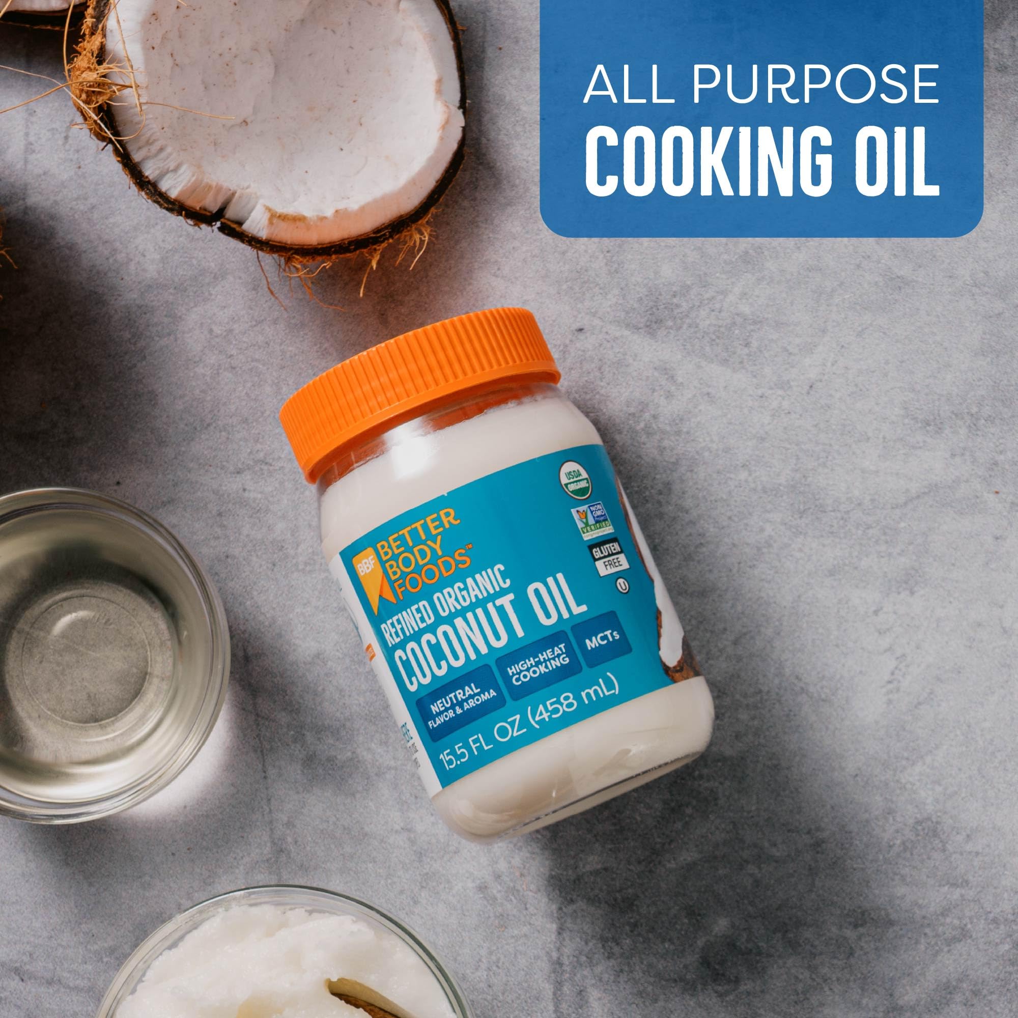 BetterBody Foods Organic Refined Coconut Oil, 15.5 Fl Oz, All Purpose Oil for Cooking, Baking, Hair and Skin Care
