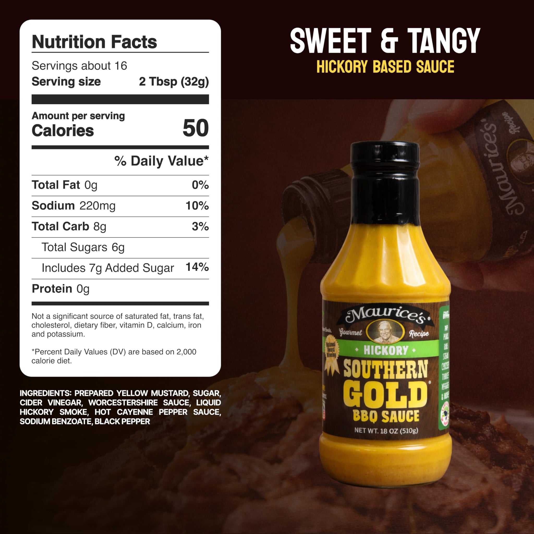 Maurice’s Southern Gold BBQ Sauce, Hickory - Smoke-Kissed Carolina Gold Barbecue Sauce - Authentic Southern Carolina Barbeque Dressing - Mustard Based