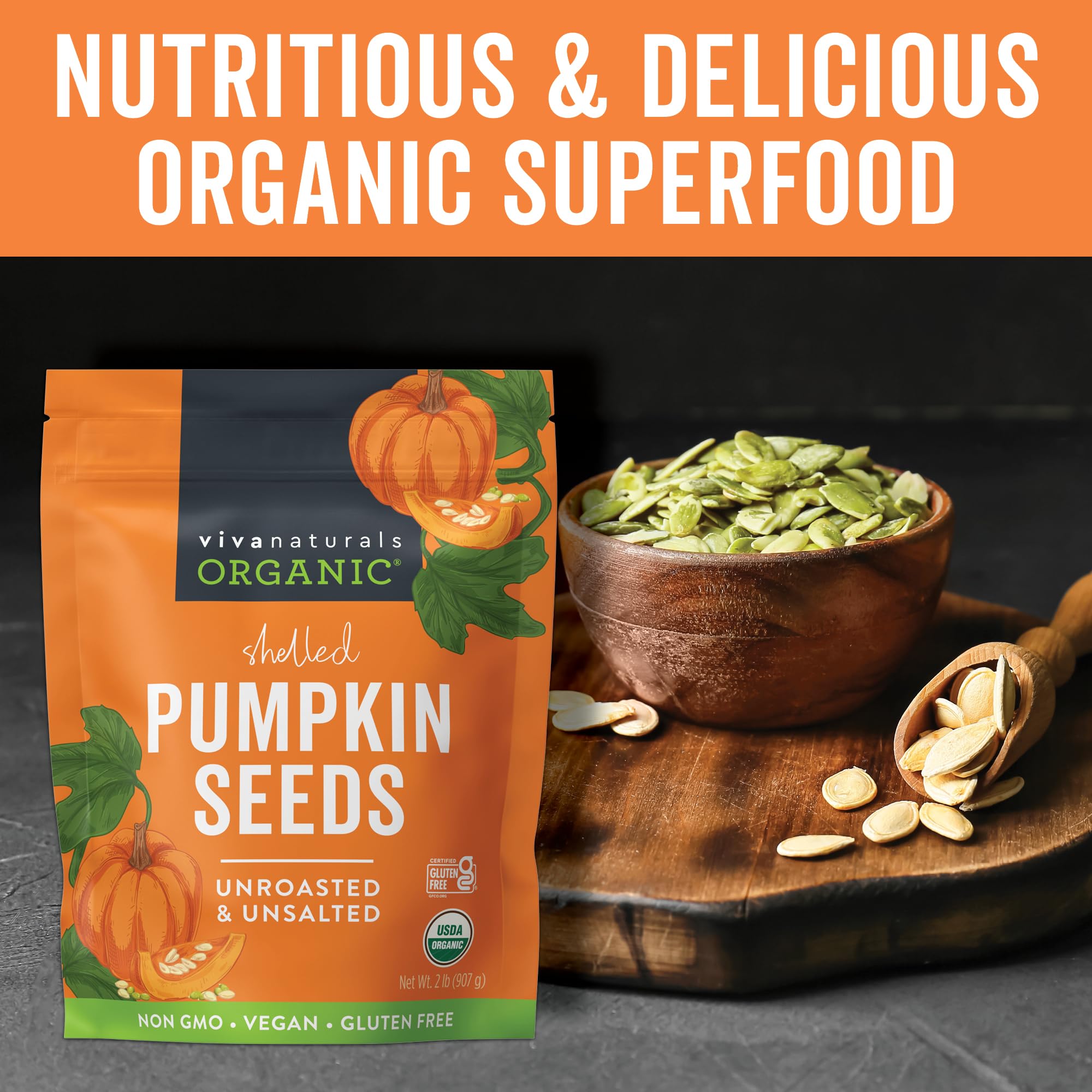 Viva Naturals Organic Pumpkin Seeds, 2 lb (32 oz, 907 g) - Shelled, Unroasted, Unsalted, Non-GMO, Vegan, Good Source of Iron & Dietary Fiber, Perfect