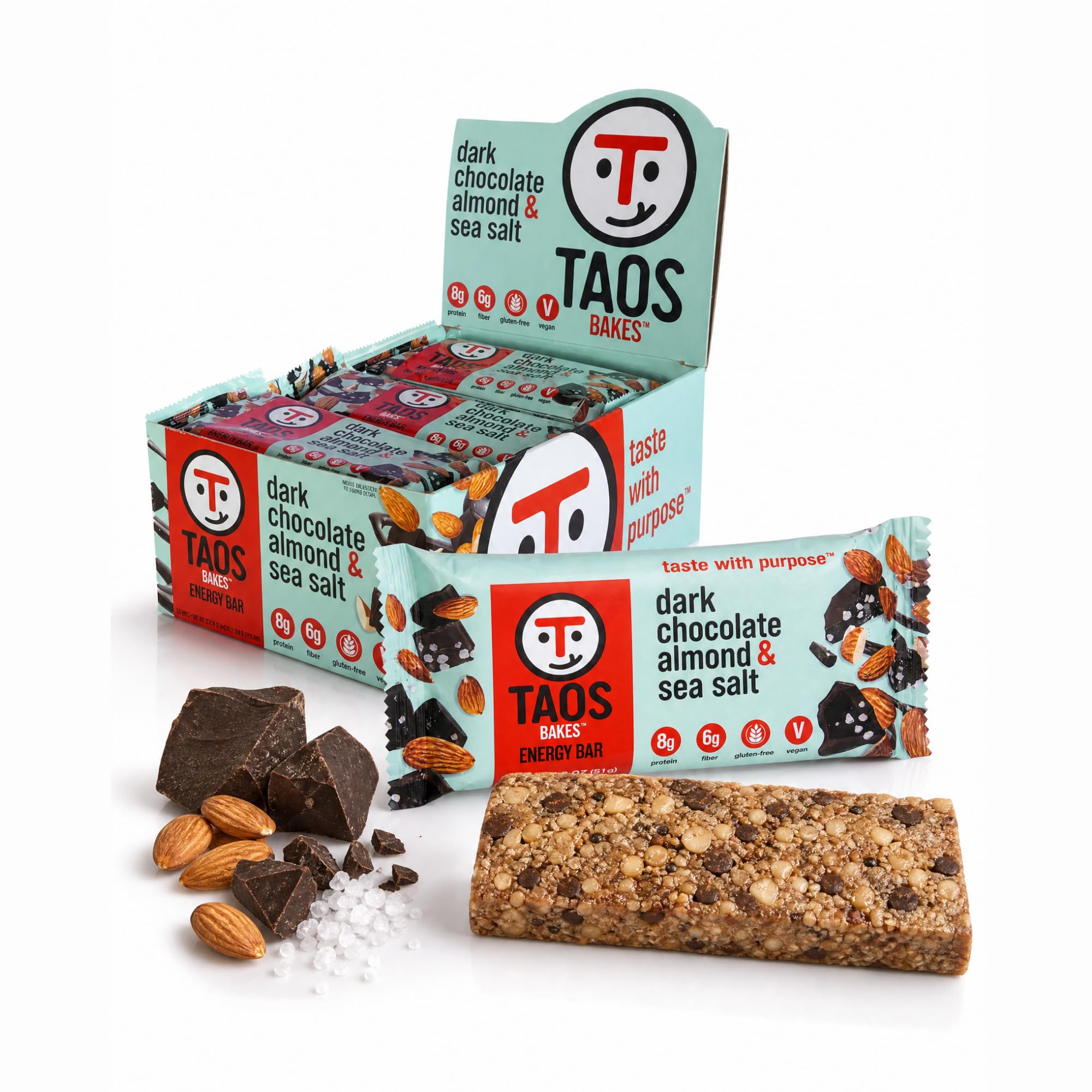 Taos Bakes - Snack Bars - Dark Chocolate Almond + Sea Salt - Protein Bars - 8g of Protein, High Fiber, Vegan, Gluten Free, & Non-GMO - Healthy Snacks