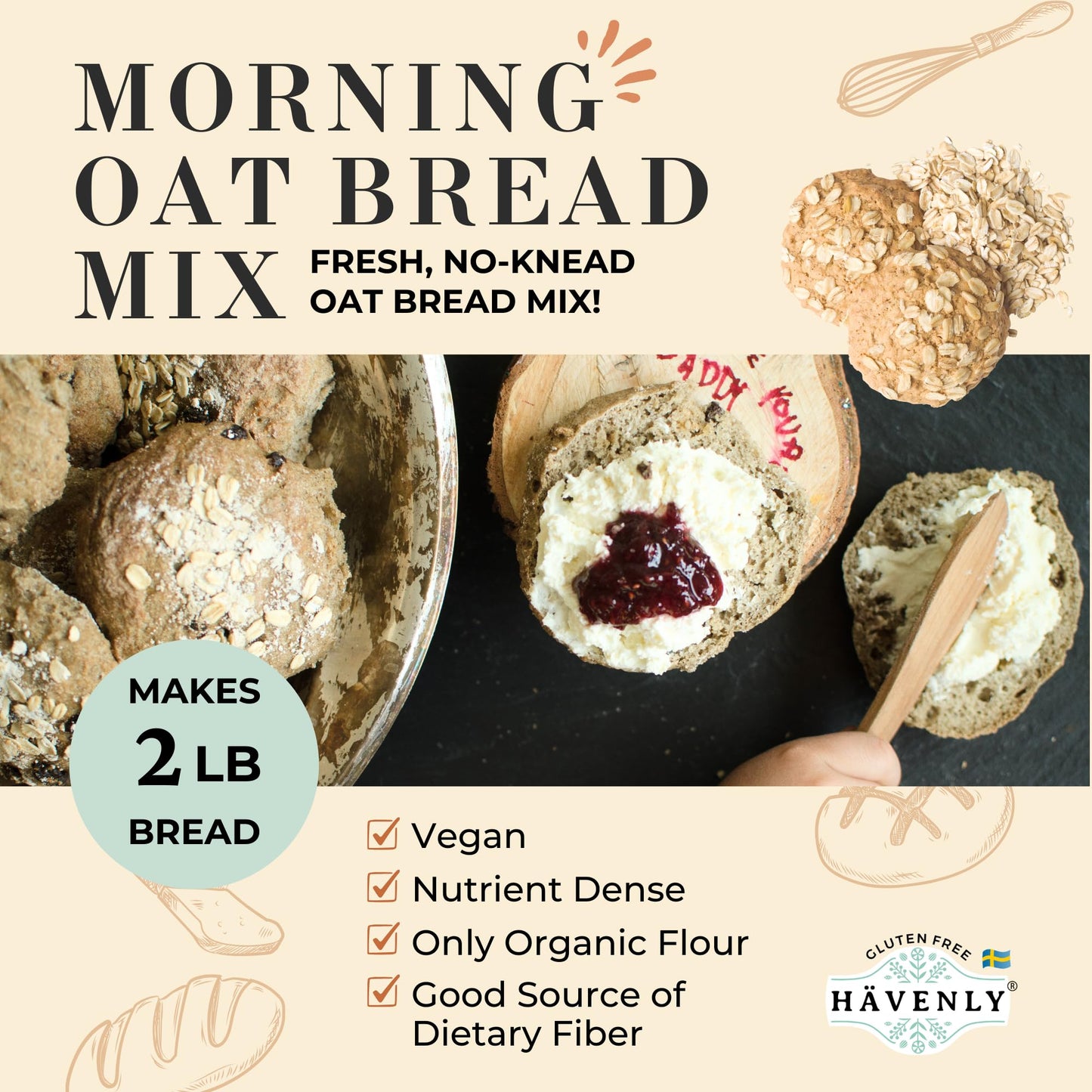 Havenly Morning Oat Bread Mix 18.5 oz. Gluten Free Flour | Vegan, Dairy, Nut, Soy Free | No Knead - Easy to Make | High Fiber, Whole Grain, Gluten Free Organic Oat and Buckwheat flour Ingredients | Baking Yeast Included