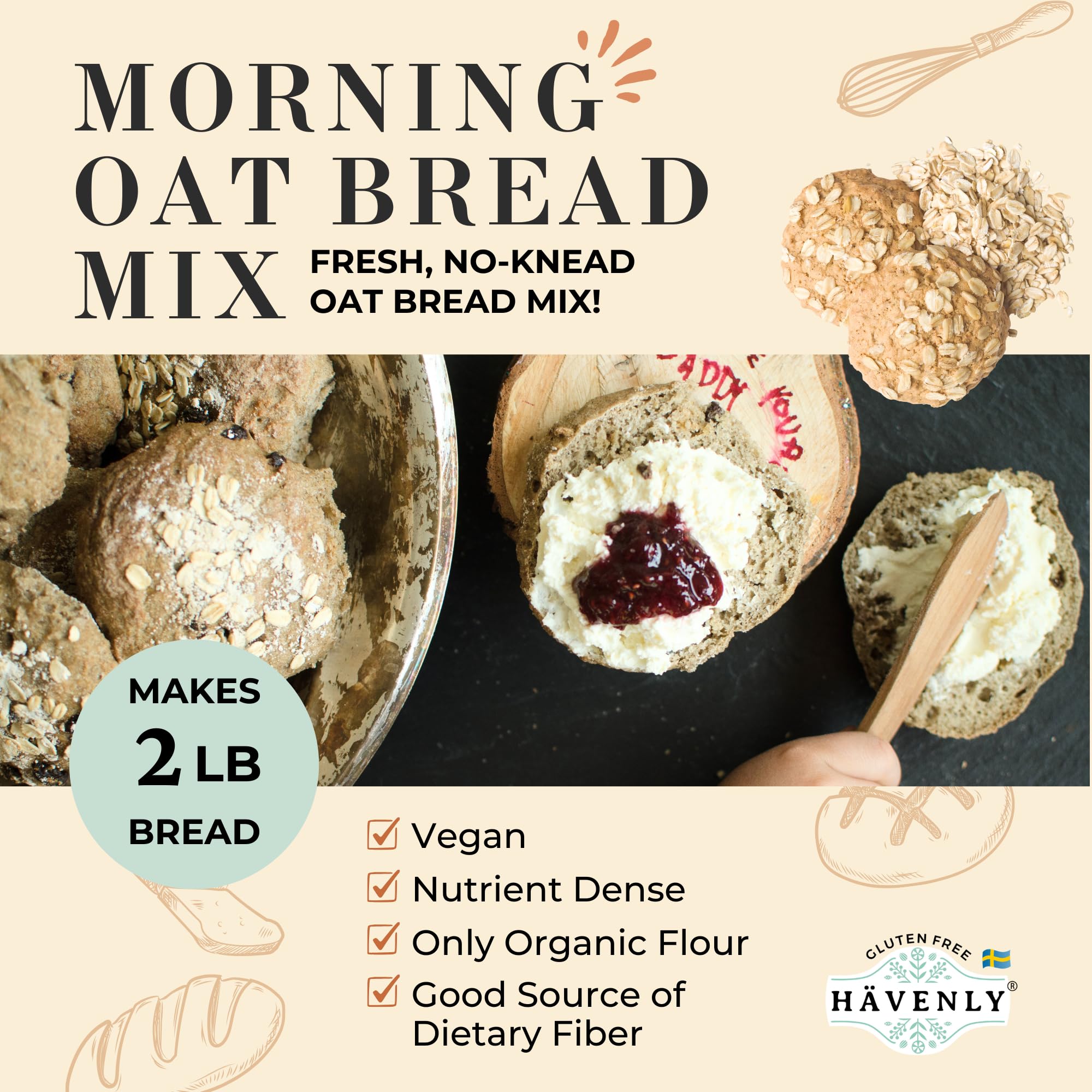 Havenly Morning Oat Bread Mix 18.5 oz. Gluten Free Flour | Vegan, Dairy, Nut, Soy Free | No Knead - Easy to Make | High Fiber, Whole Grain, Gluten Free Organic Oat and Buckwheat flour Ingredients | Baking Yeast Included