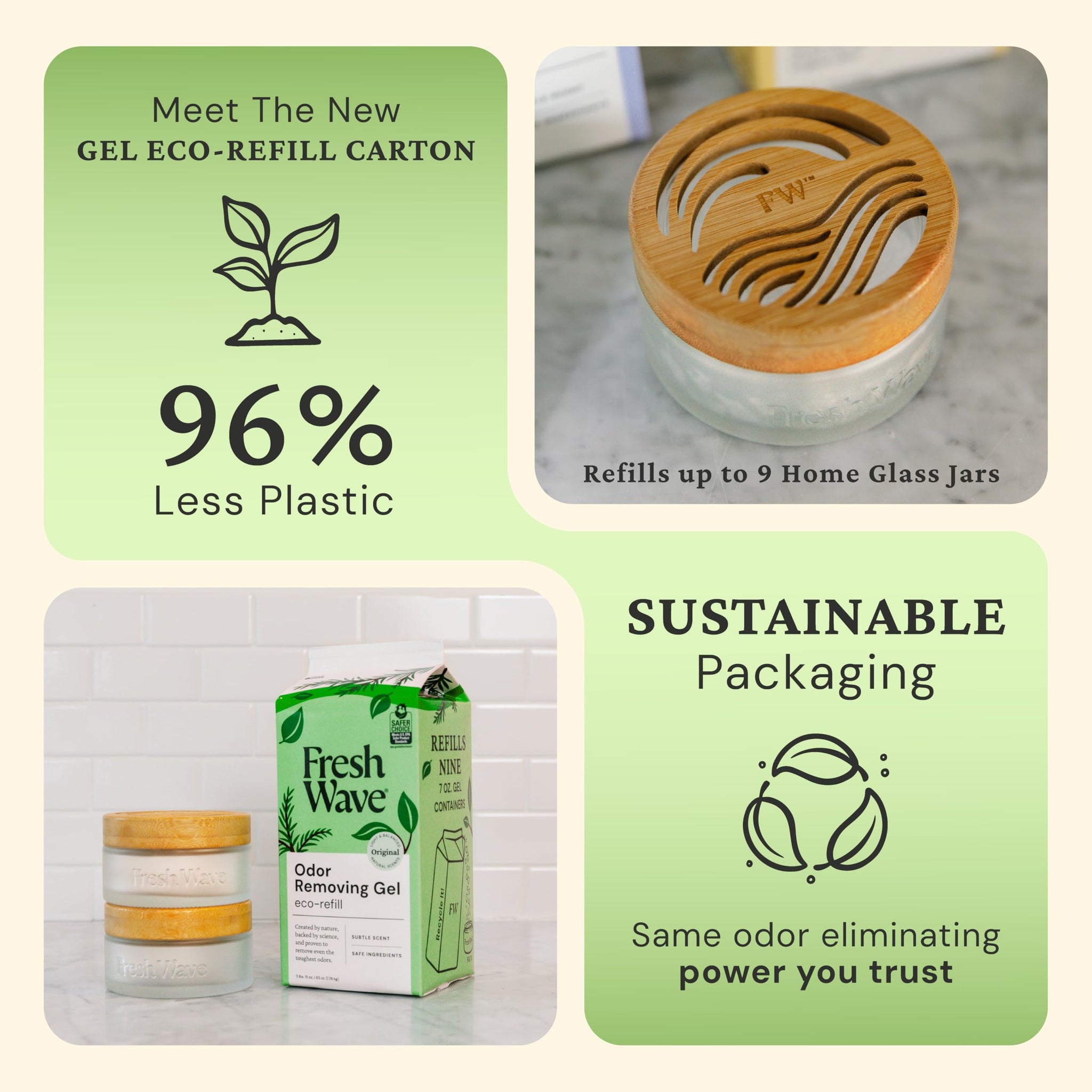 Fresh Wave Odor Removing Gel Eco-Refill, 63 oz. Original Scent | 2 Empty Refillable Glass Jars | 2 Room Set