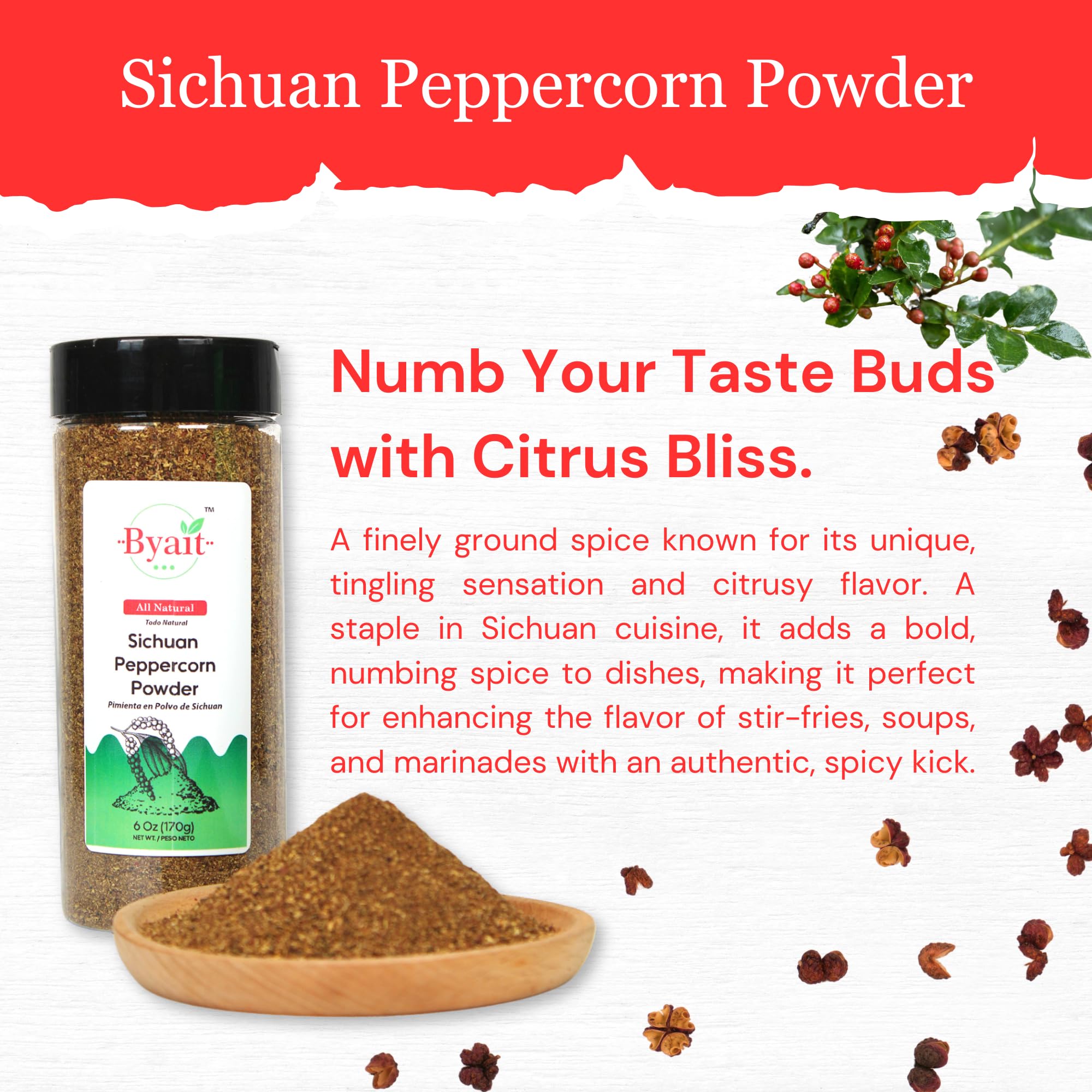 Byait Sichuan Peppercorn Powder 6 Oz, Fine Ground Szechuan Pepper for Numbing and Tingling Taste, Premium Quality for Cooking, Seasoning