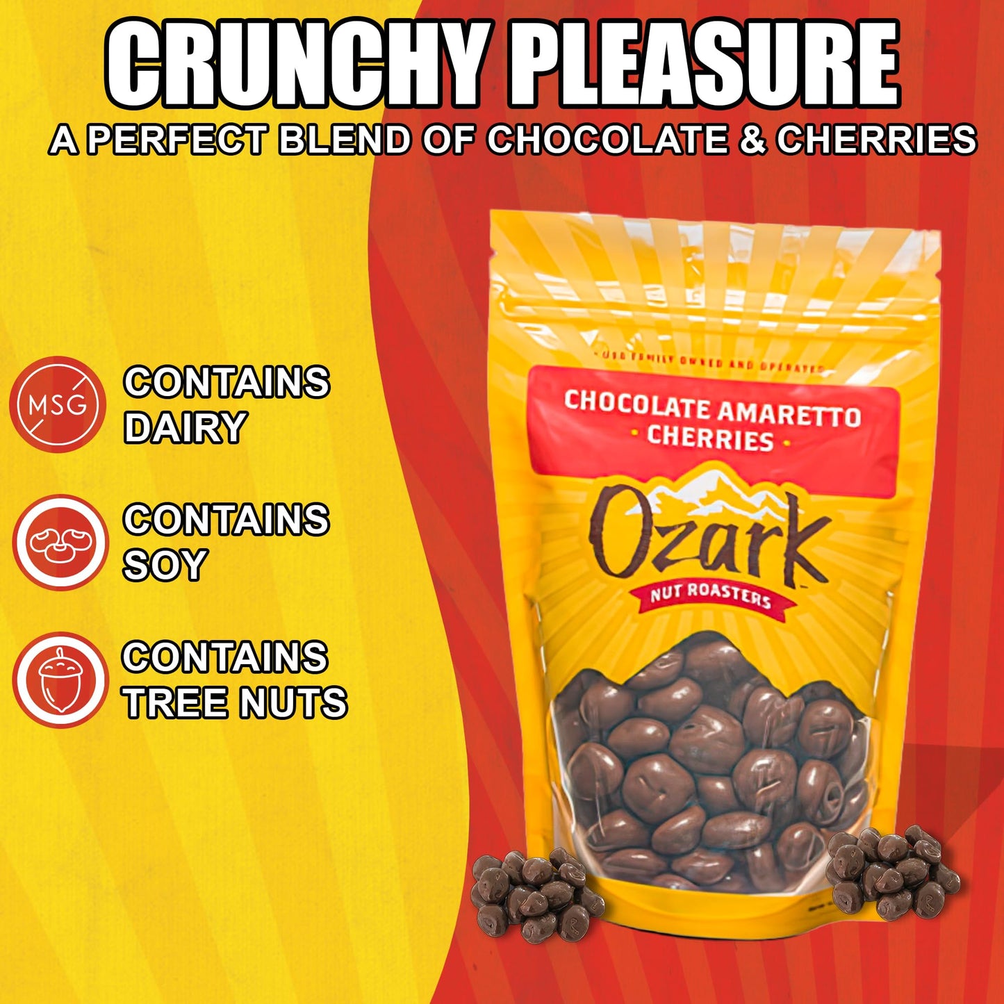 OZARK NUT ROASTERS, Chocolate Amaretto Cherries, Chocolate-Flavored Cherry Snacks, World-Class Gourmet Milk Chocolate Coated Cherries, Resealable Pack