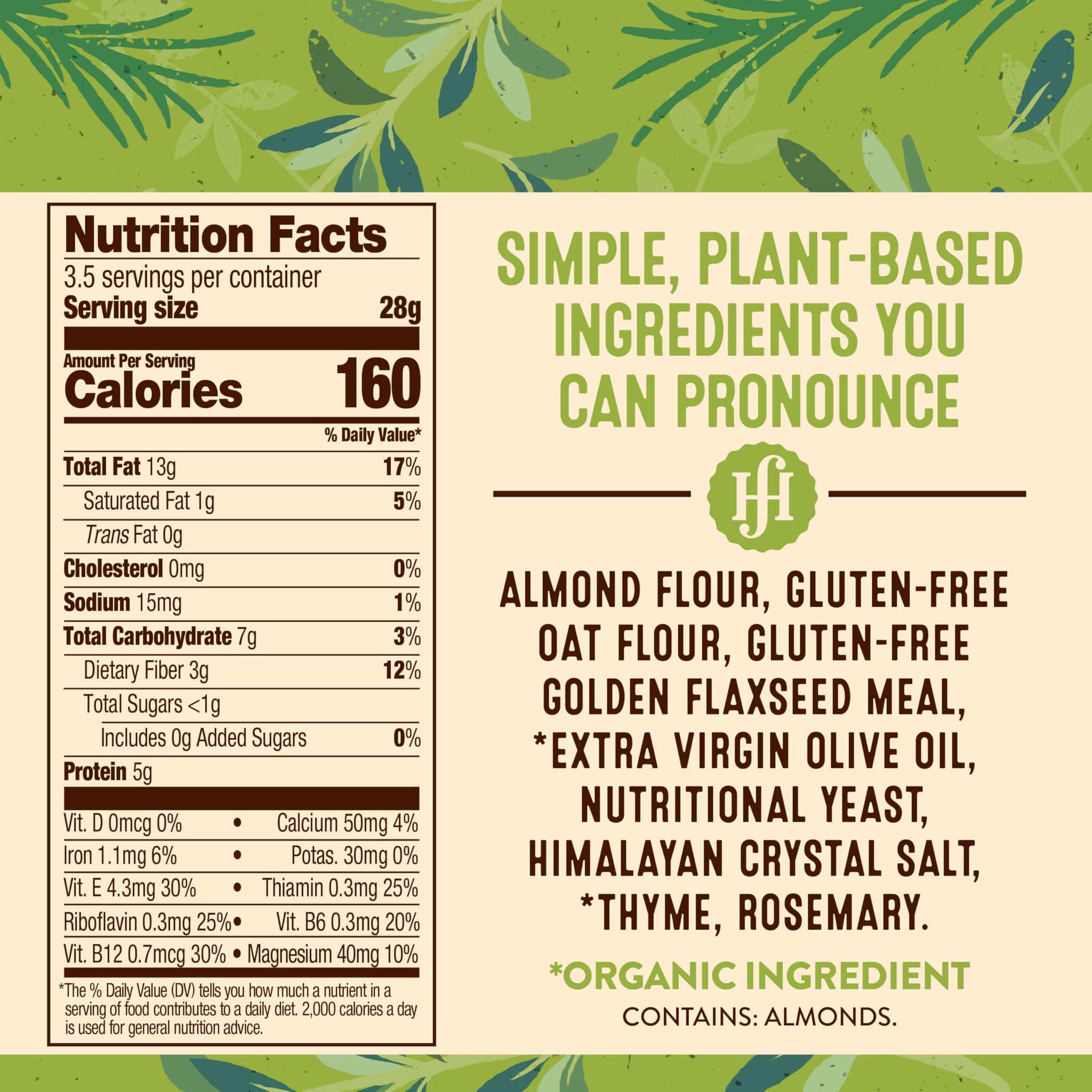 Healing Home Foods Garden Herb Gluten-Free Crackers with Almond Flour, Rosemary & Thyme, Healthy Vegan Snack, Non-GMO & High Protein Crackers